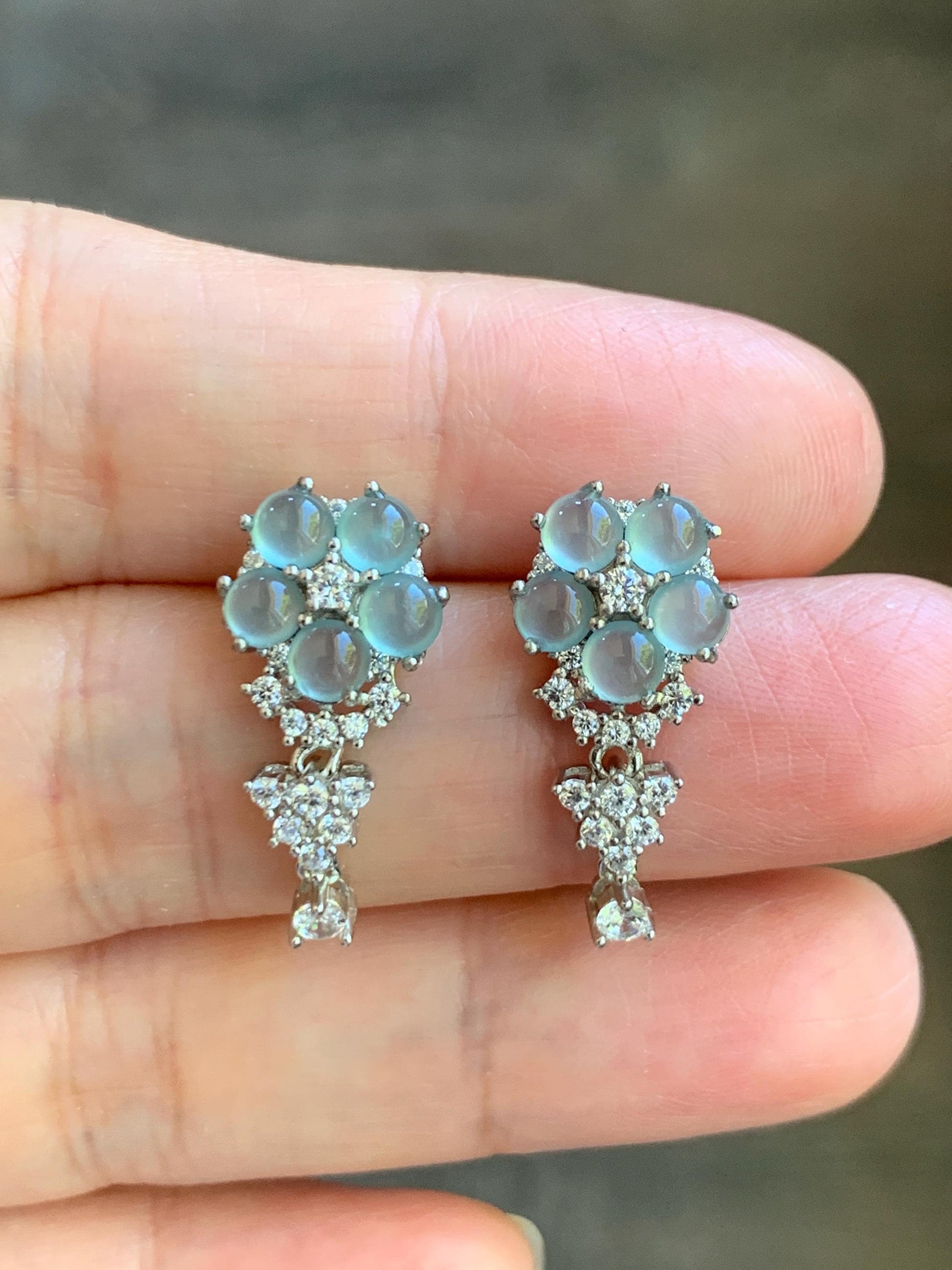 Certified Natural Guatemalan Grade A Icy Highly Translucent Light Blue Jadeite Floral Stud Earrings Sterling Silver 天然冰危淡蓝翡翠银镶耳钉 6885