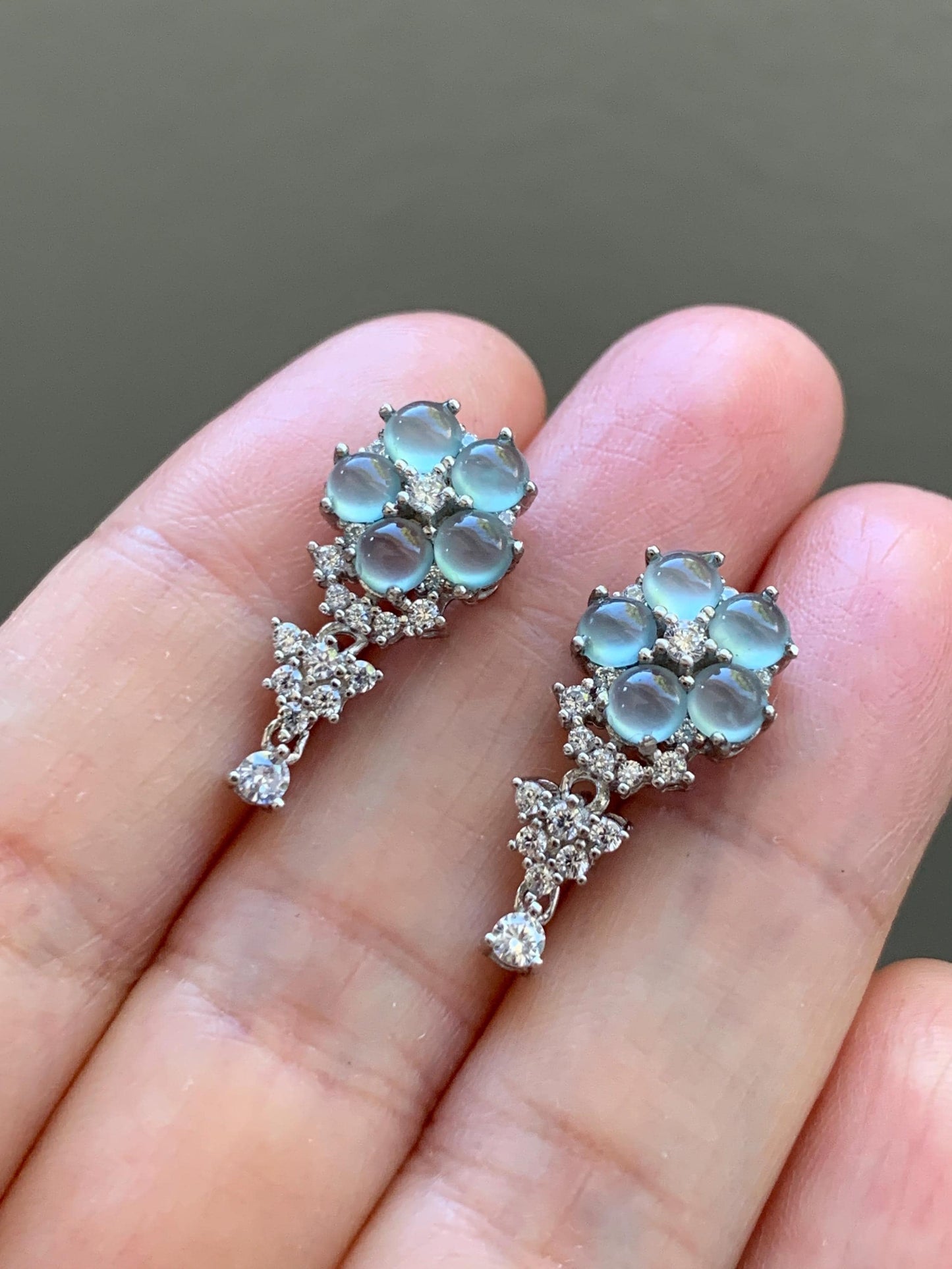 Certified Natural Guatemalan Grade A Icy Highly Translucent Light Blue Jadeite Floral Stud Earrings Sterling Silver 天然冰危淡蓝翡翠银镶耳钉 6885