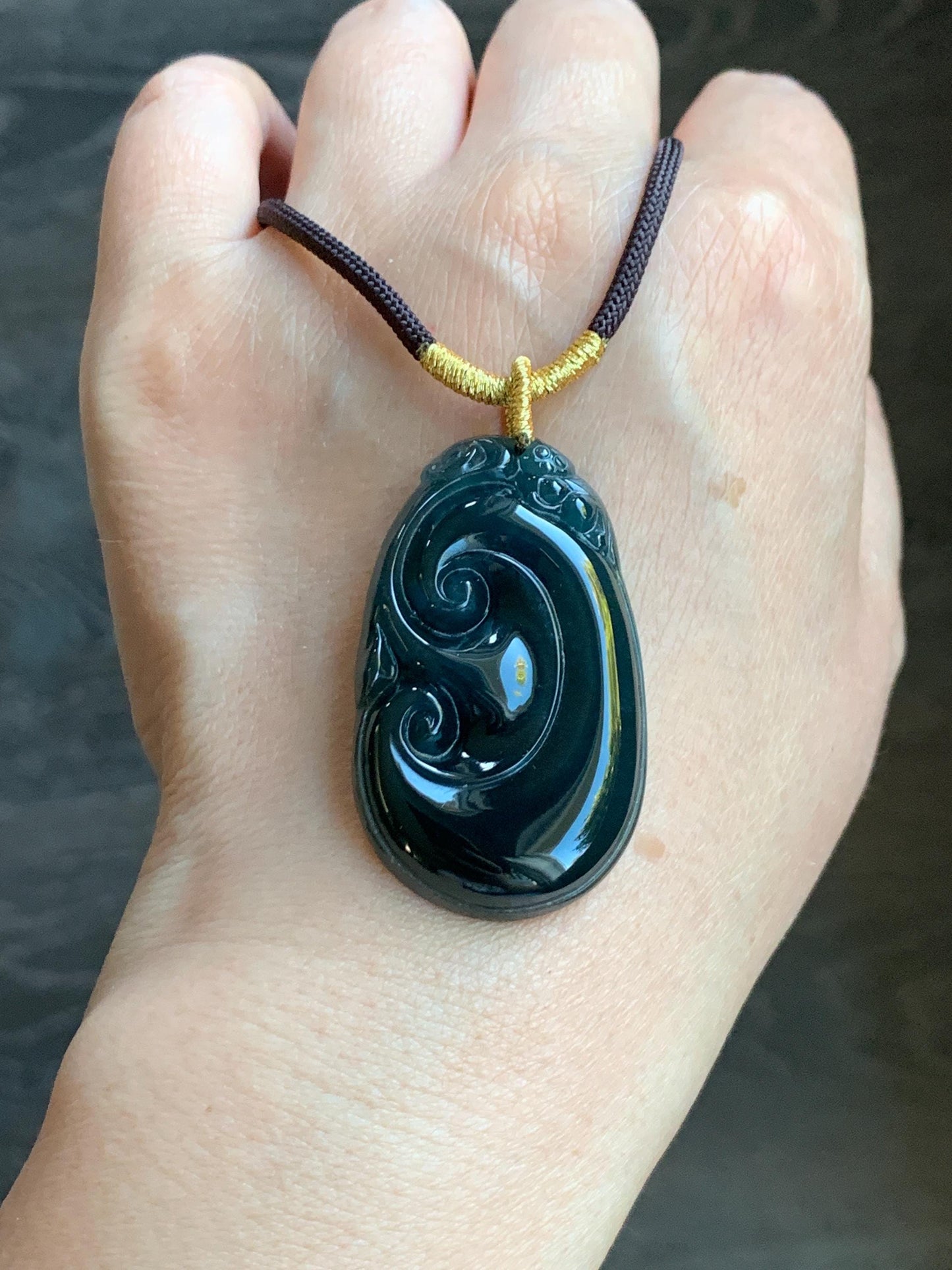 Large Natural Guatemalan Icy Translucent Dark Teal Blue Jadeite Carved Ruyi Pendant Rope Necklace 28" Adjustable 15g 天然冰危湖水蓝翡翠如意吊坠 JSH