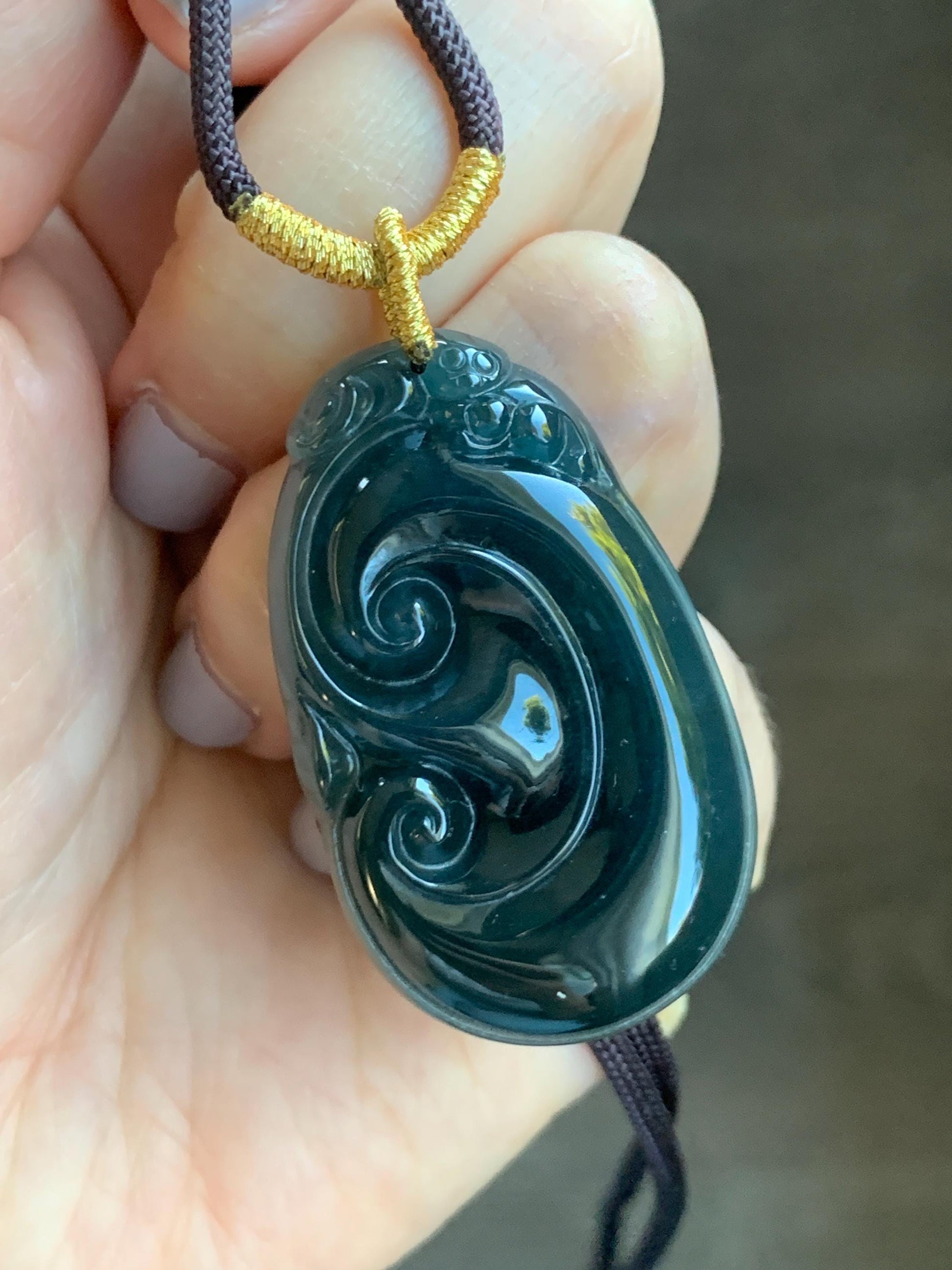 Large Natural Guatemalan Icy Translucent Dark Teal Blue Jadeite Carved Ruyi Pendant Rope Necklace 28" Adjustable 15g 天然冰危湖水蓝翡翠如意吊坠 JSH
