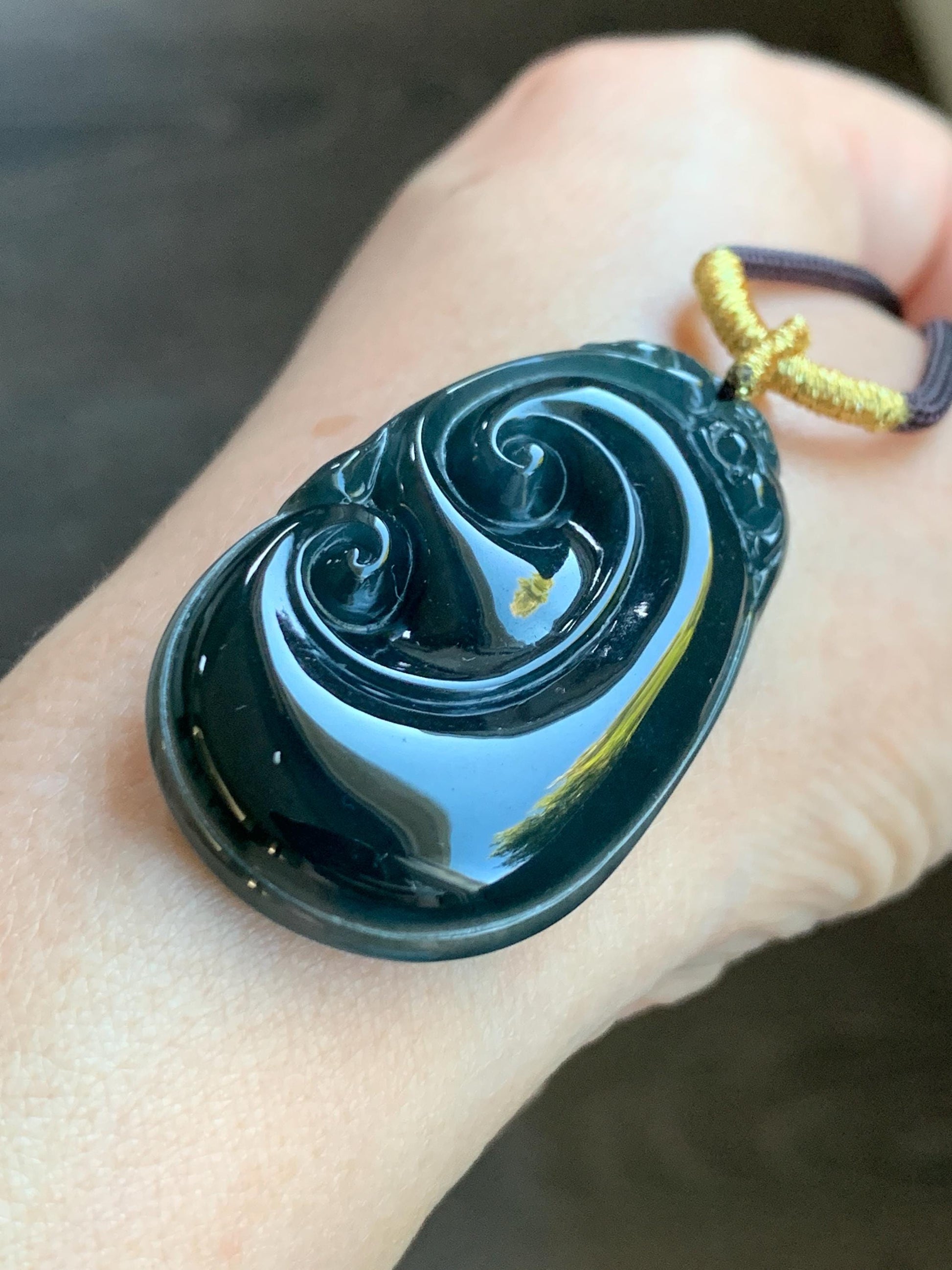 Large Natural Guatemalan Icy Translucent Dark Teal Blue Jadeite Carved Ruyi Pendant Rope Necklace 28" Adjustable 15g 天然冰危湖水蓝翡翠如意吊坠 JSH