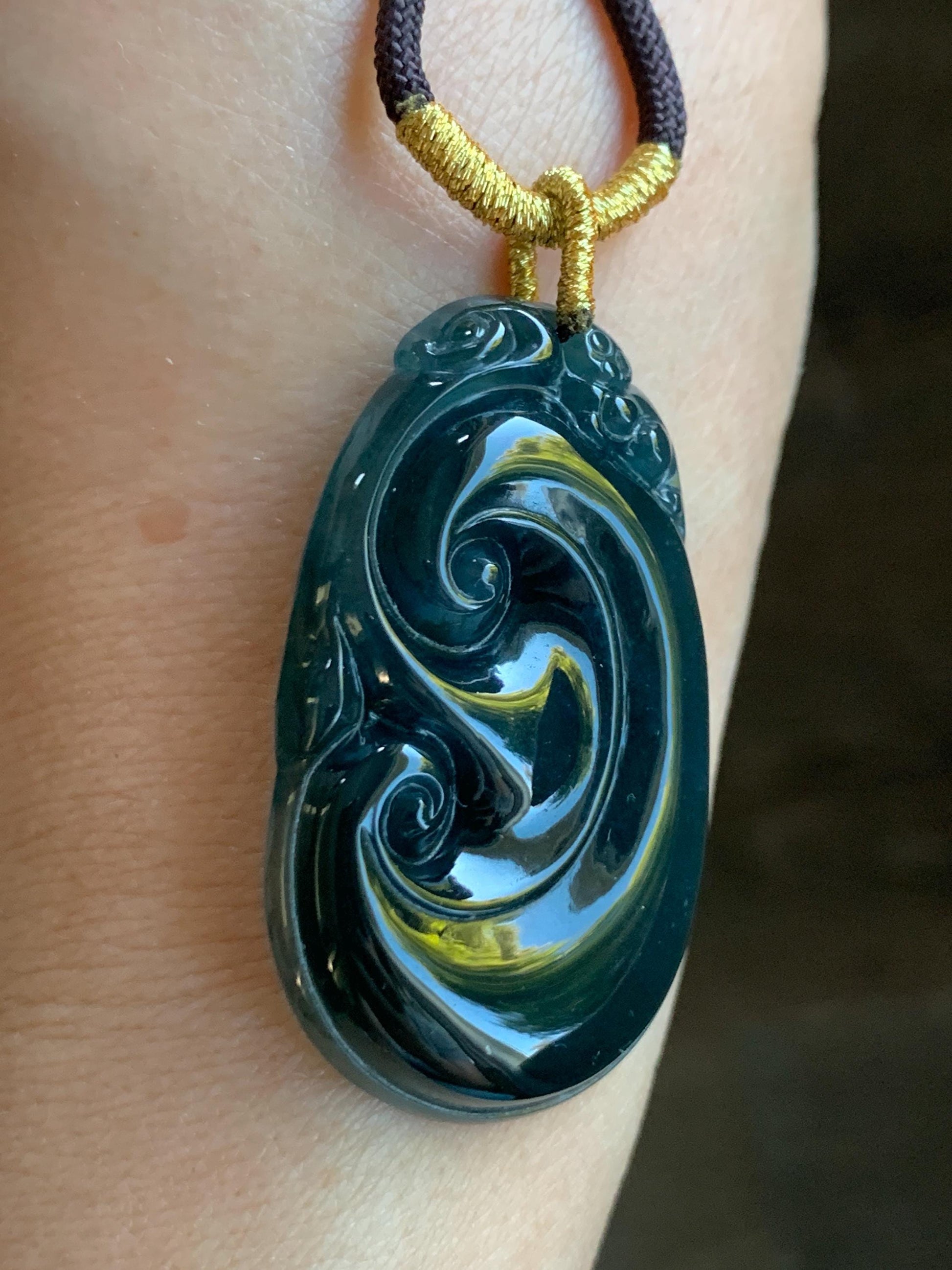 Large Natural Guatemalan Icy Translucent Dark Teal Blue Jadeite Carved Ruyi Pendant Rope Necklace 28" Adjustable 15g 天然冰危湖水蓝翡翠如意吊坠 JSH