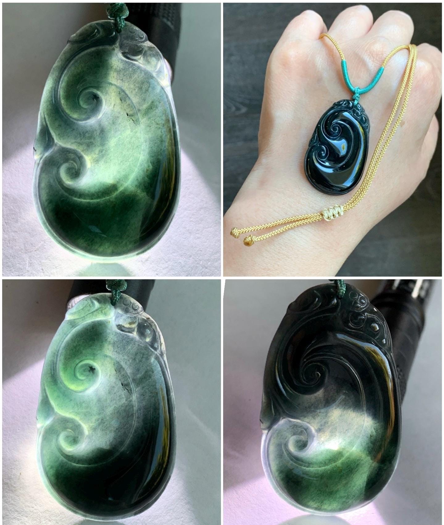 Natural Guatemalan Icy Translucent Dark Dusty Teal Green Jadeite Carved Ruyi Pendant Rope Necklace 24” Adjustable 9g 天然冰危深墨绿翡翠如意吊坠 HSH