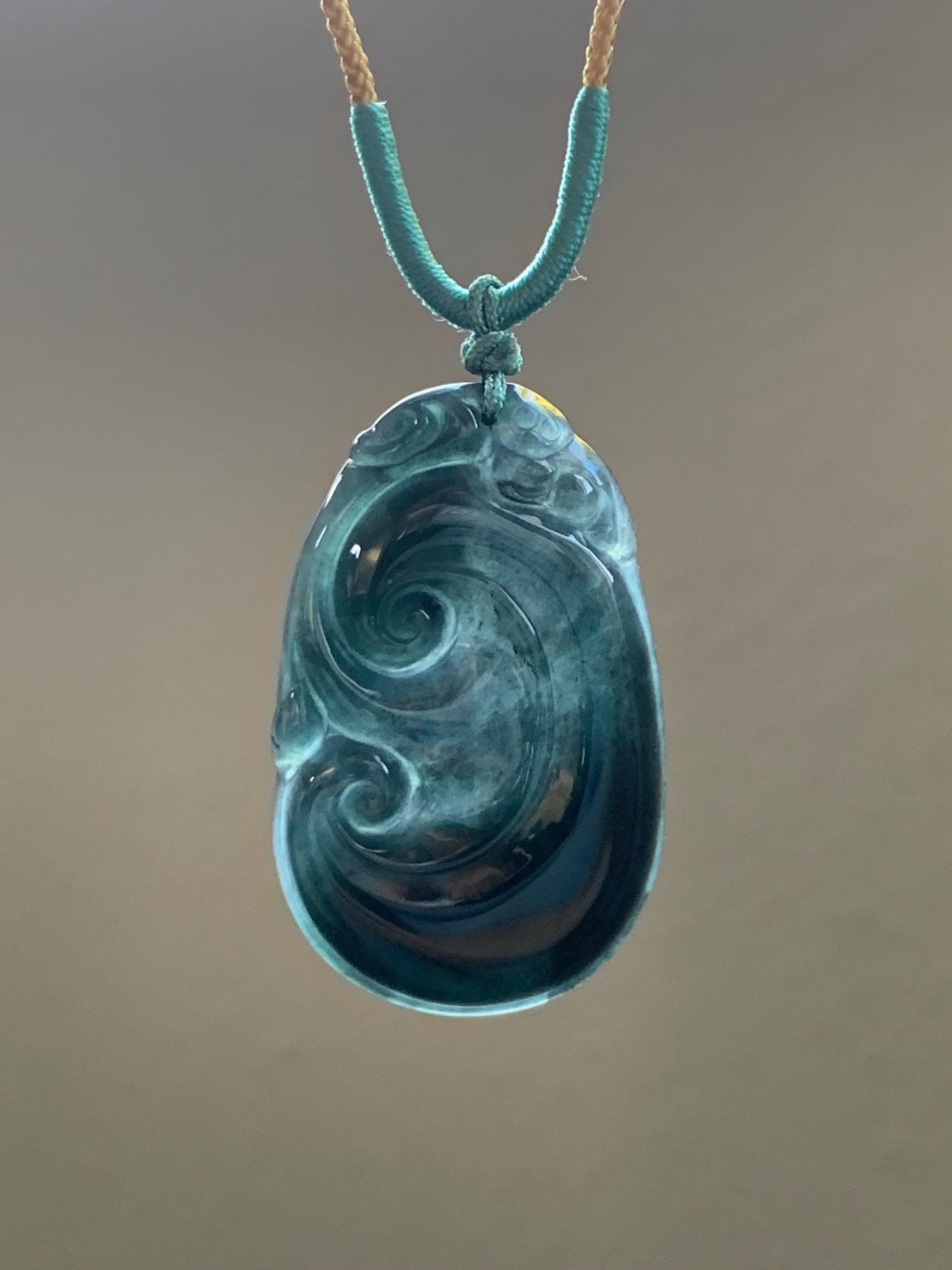 Natural Guatemalan Icy Translucent Dark Dusty Teal Green Jadeite Carved Ruyi Pendant Rope Necklace 24” Adjustable 9g 天然冰危深墨绿翡翠如意吊坠 HSH