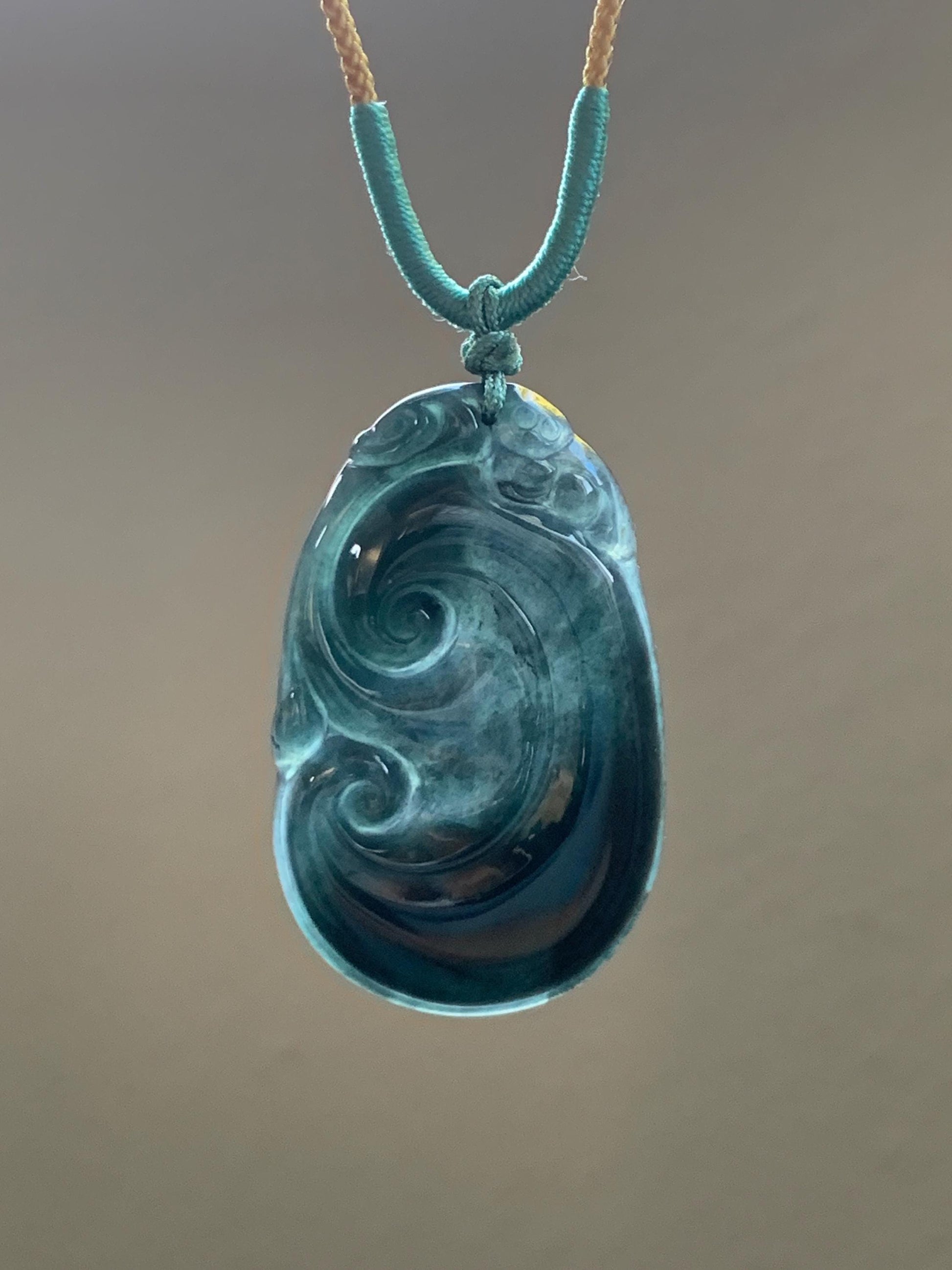 Natural Guatemalan Icy Translucent Dark Dusty Teal Green Jadeite Carved Ruyi Pendant Rope Necklace 24” Adjustable 9g 天然冰危深墨绿翡翠如意吊坠 HSH