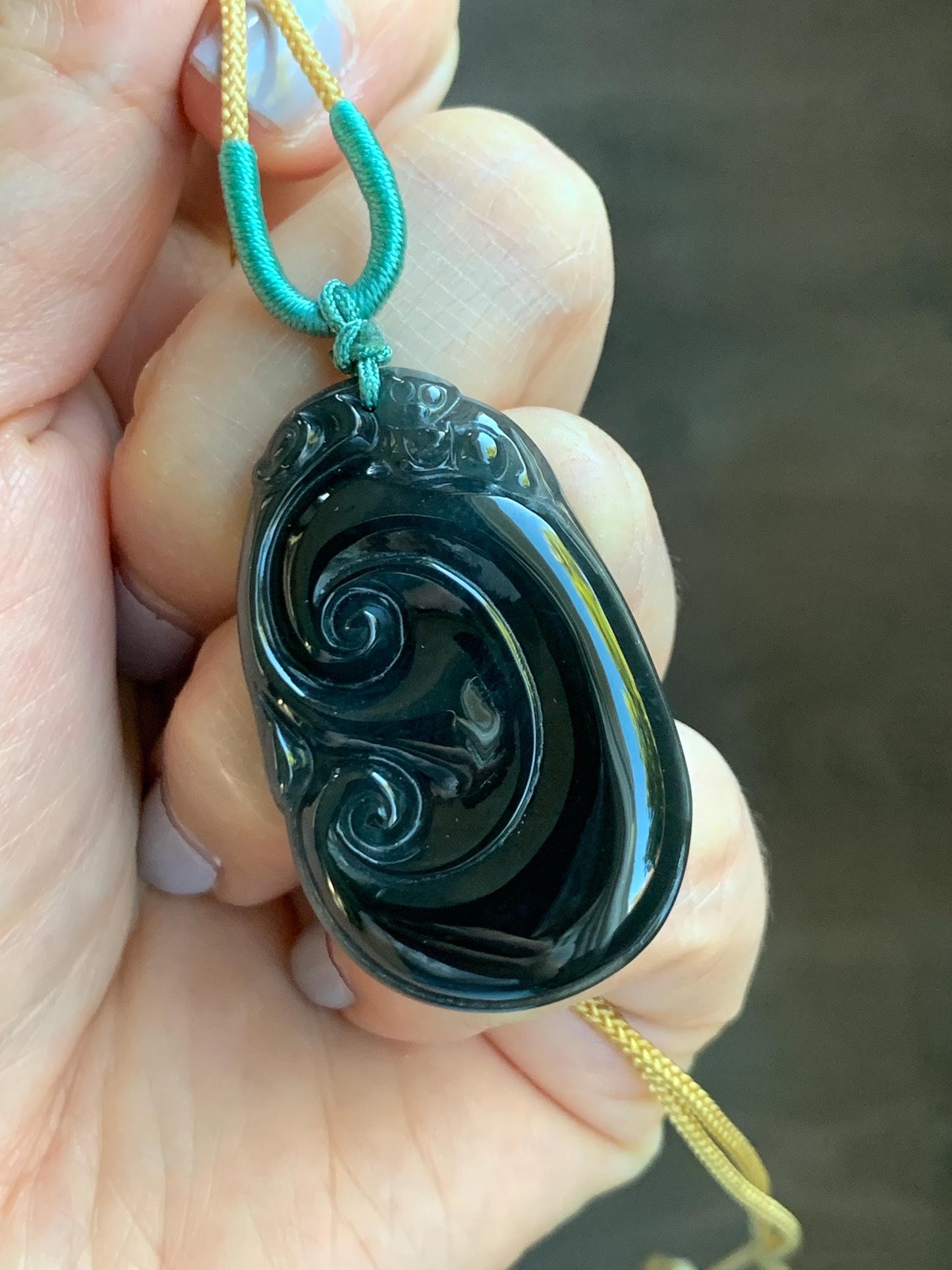 Natural Guatemalan Icy Translucent Dark Dusty Teal Green Jadeite Carved Ruyi Pendant Rope Necklace 24” Adjustable 9g 天然冰危深墨绿翡翠如意吊坠 HSH