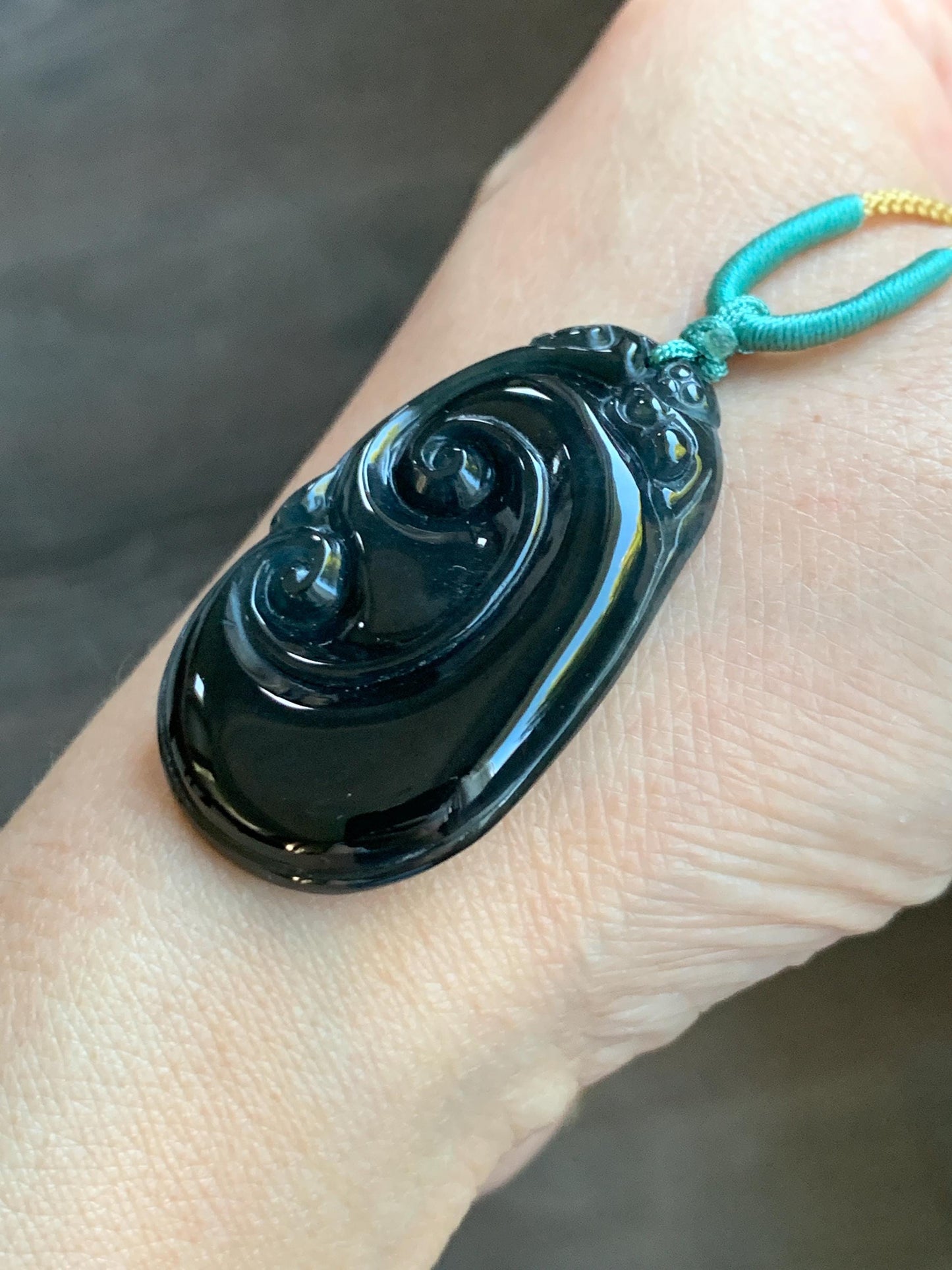 Natural Guatemalan Icy Translucent Dark Dusty Teal Green Jadeite Carved Ruyi Pendant Rope Necklace 24” Adjustable 9g 天然冰危深墨绿翡翠如意吊坠 HSH