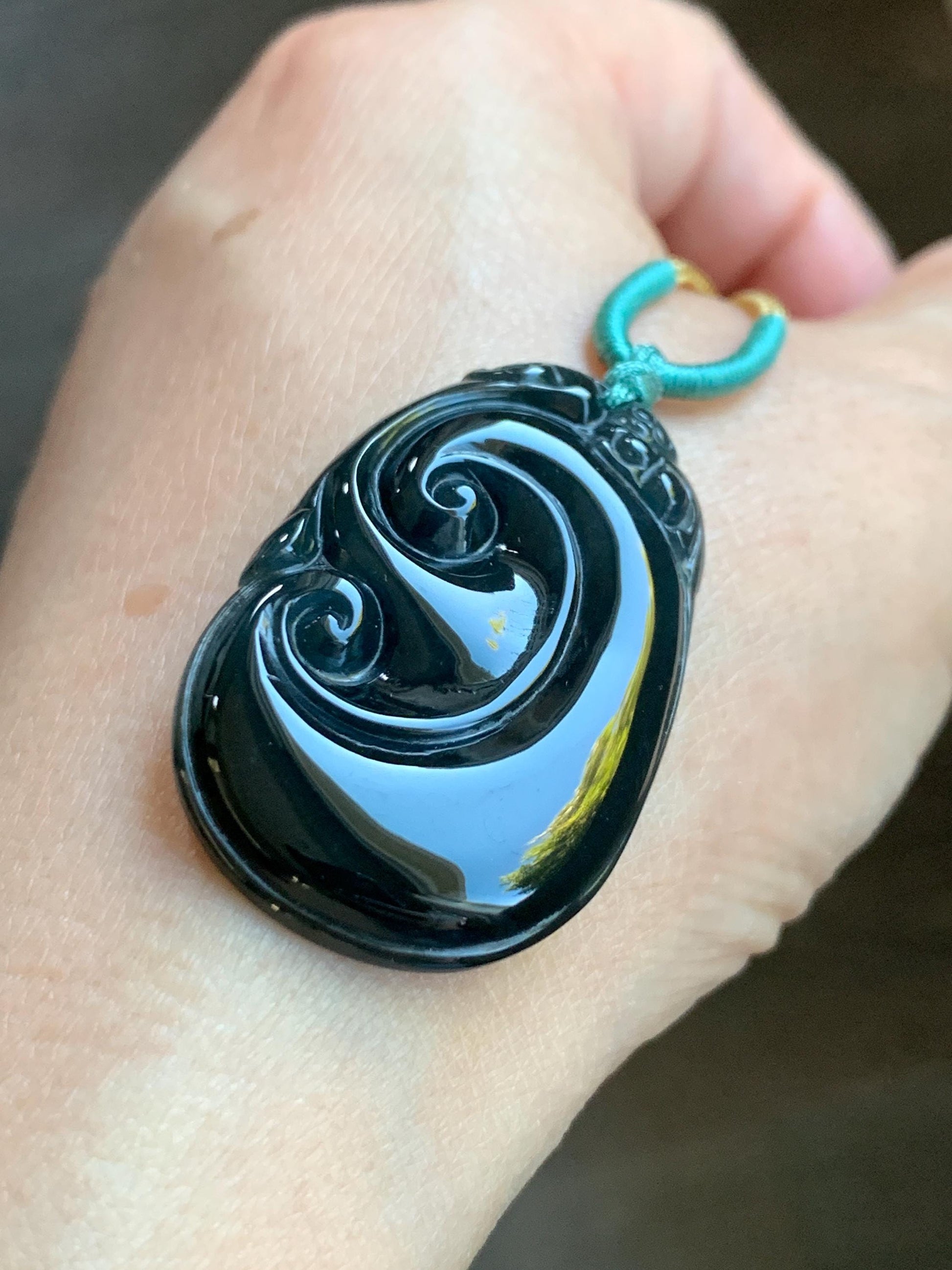 Natural Guatemalan Icy Translucent Dark Dusty Teal Green Jadeite Carved Ruyi Pendant Rope Necklace 24” Adjustable 9g 天然冰危深墨绿翡翠如意吊坠 HSH