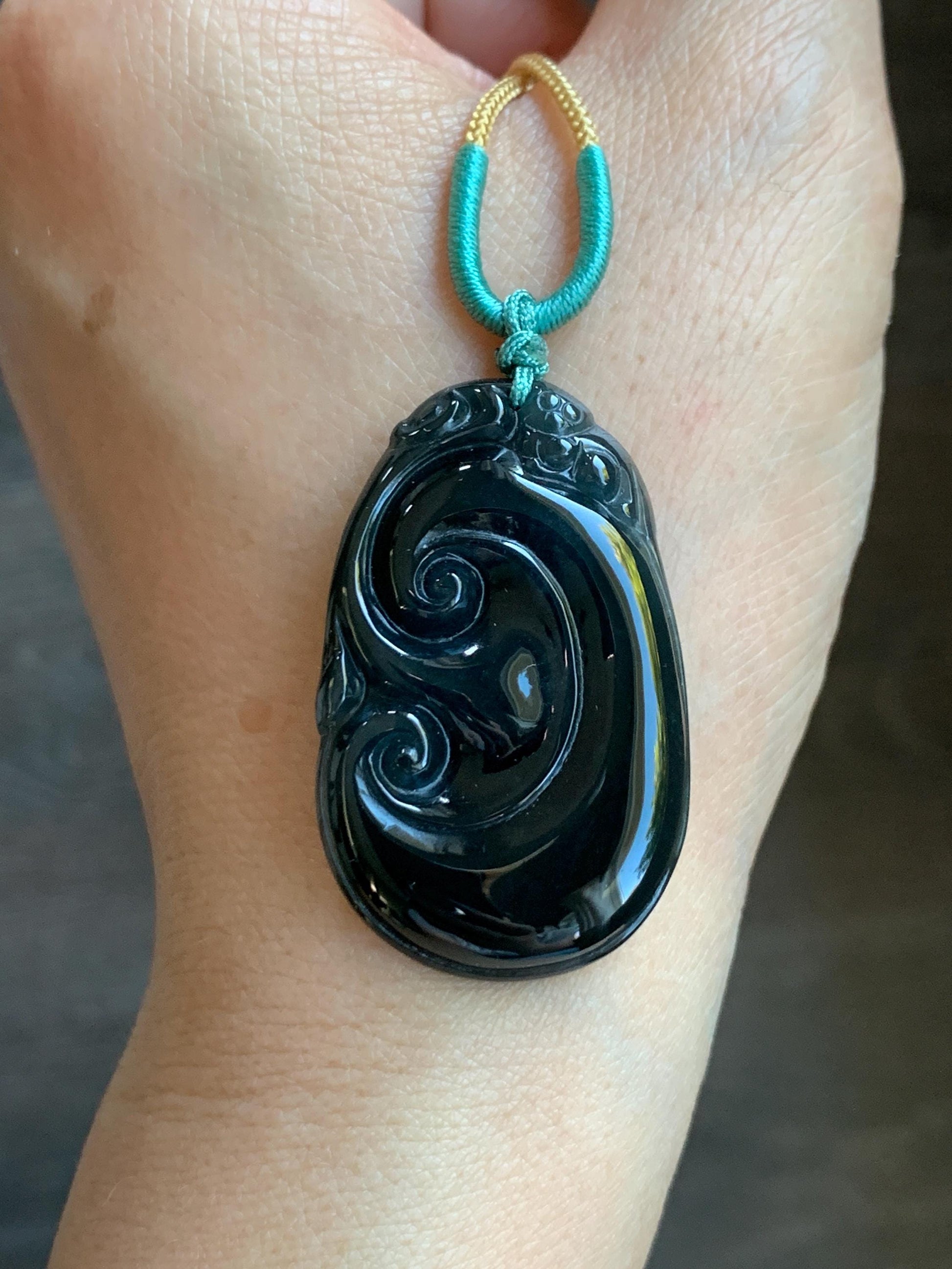 Natural Guatemalan Icy Translucent Dark Dusty Teal Green Jadeite Carved Ruyi Pendant Rope Necklace 24” Adjustable 9g 天然冰危深墨绿翡翠如意吊坠 HSH