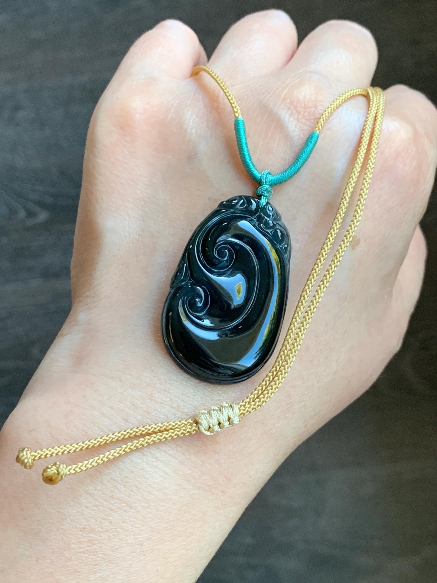 Natural Guatemalan Icy Translucent Dark Dusty Teal Green Jadeite Carved Ruyi Pendant Rope Necklace 24” Adjustable 9g 天然冰危深墨绿翡翠如意吊坠 HSH