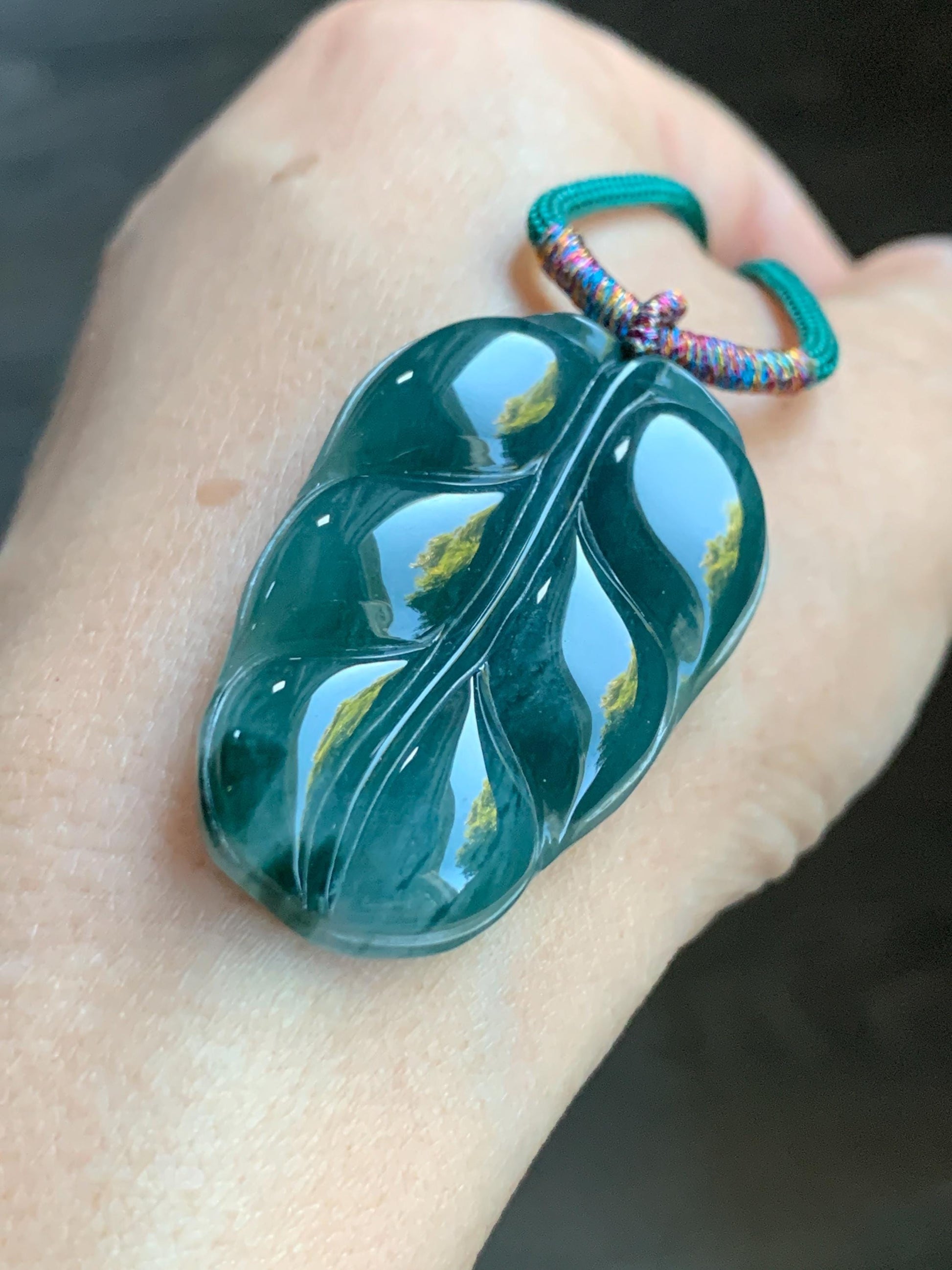 Natural Guatemalan Grade A Icy Translucent Dark Teal Green Jadeite Carved Leaf Pendant Rope Necklace 28” 12g Adjustable 天然冰危深湖水绿翡翠大叶有成吊坠 XY