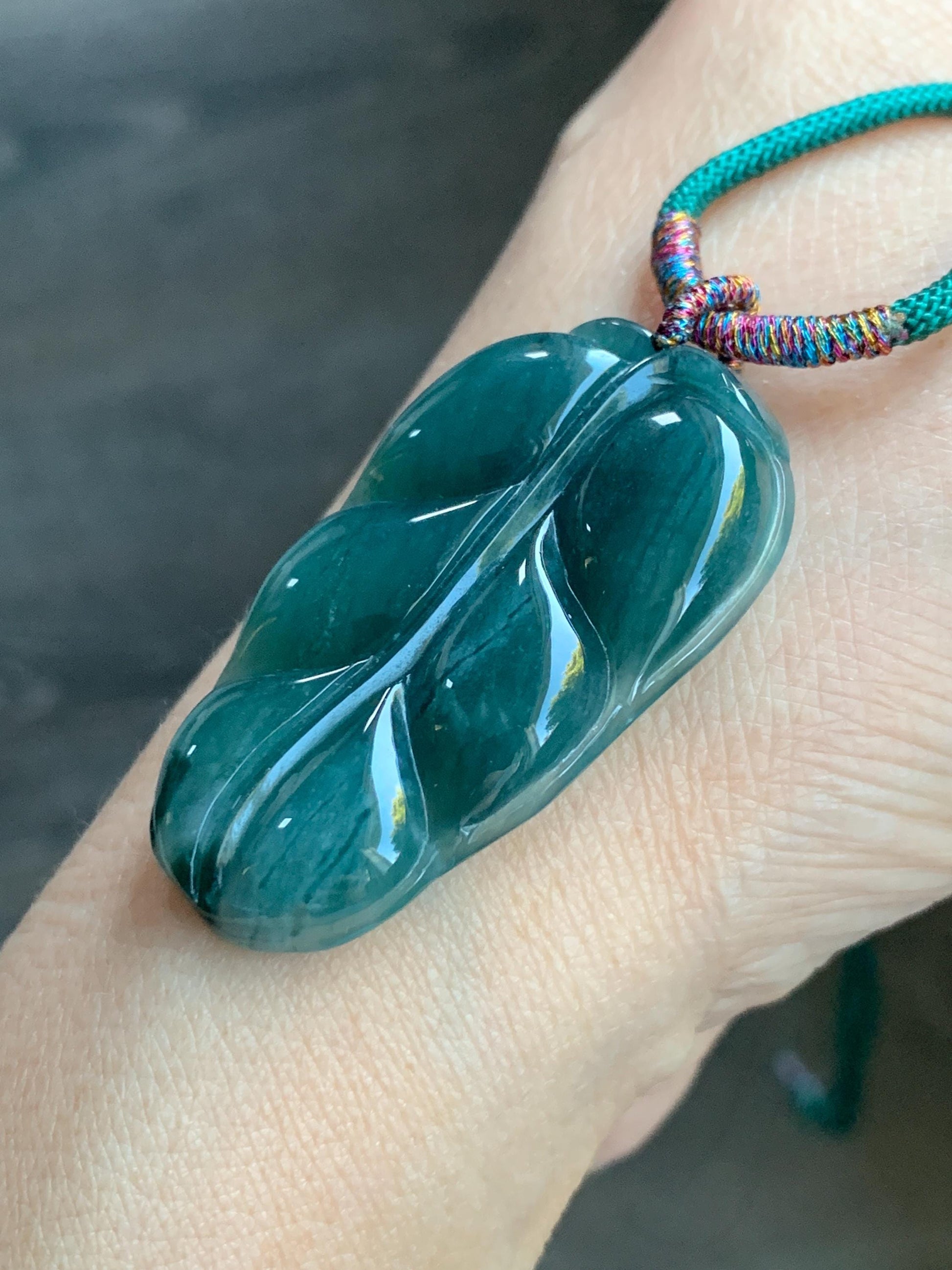 Natural Guatemalan Grade A Icy Translucent Dark Teal Green Jadeite Carved Leaf Pendant Rope Necklace 28” 12g Adjustable 天然冰危深湖水绿翡翠大叶有成吊坠 XY