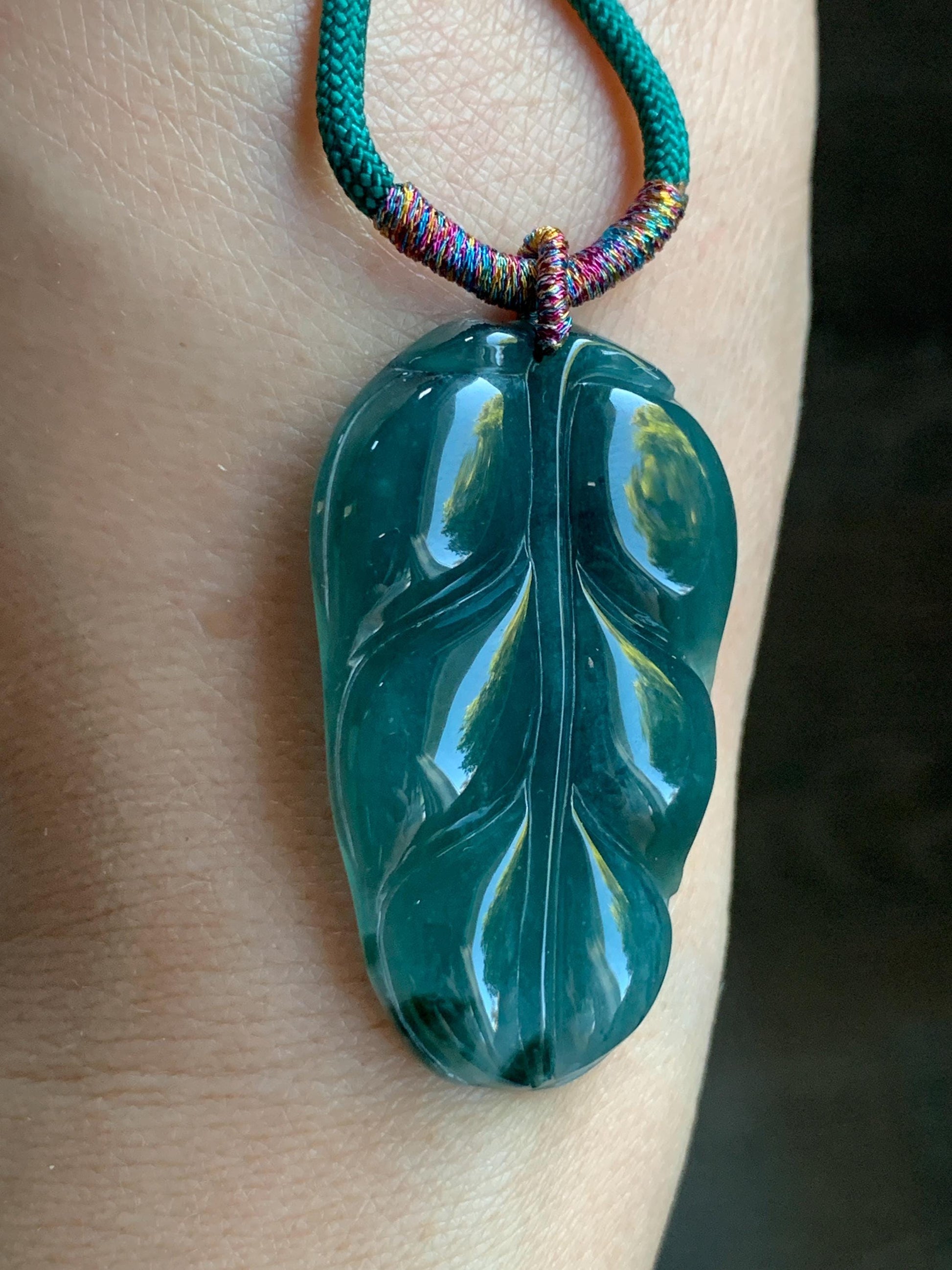 Natural Guatemalan Grade A Icy Translucent Dark Teal Green Jadeite Carved Leaf Pendant Rope Necklace 28” 12g Adjustable 天然冰危深湖水绿翡翠大叶有成吊坠 XY