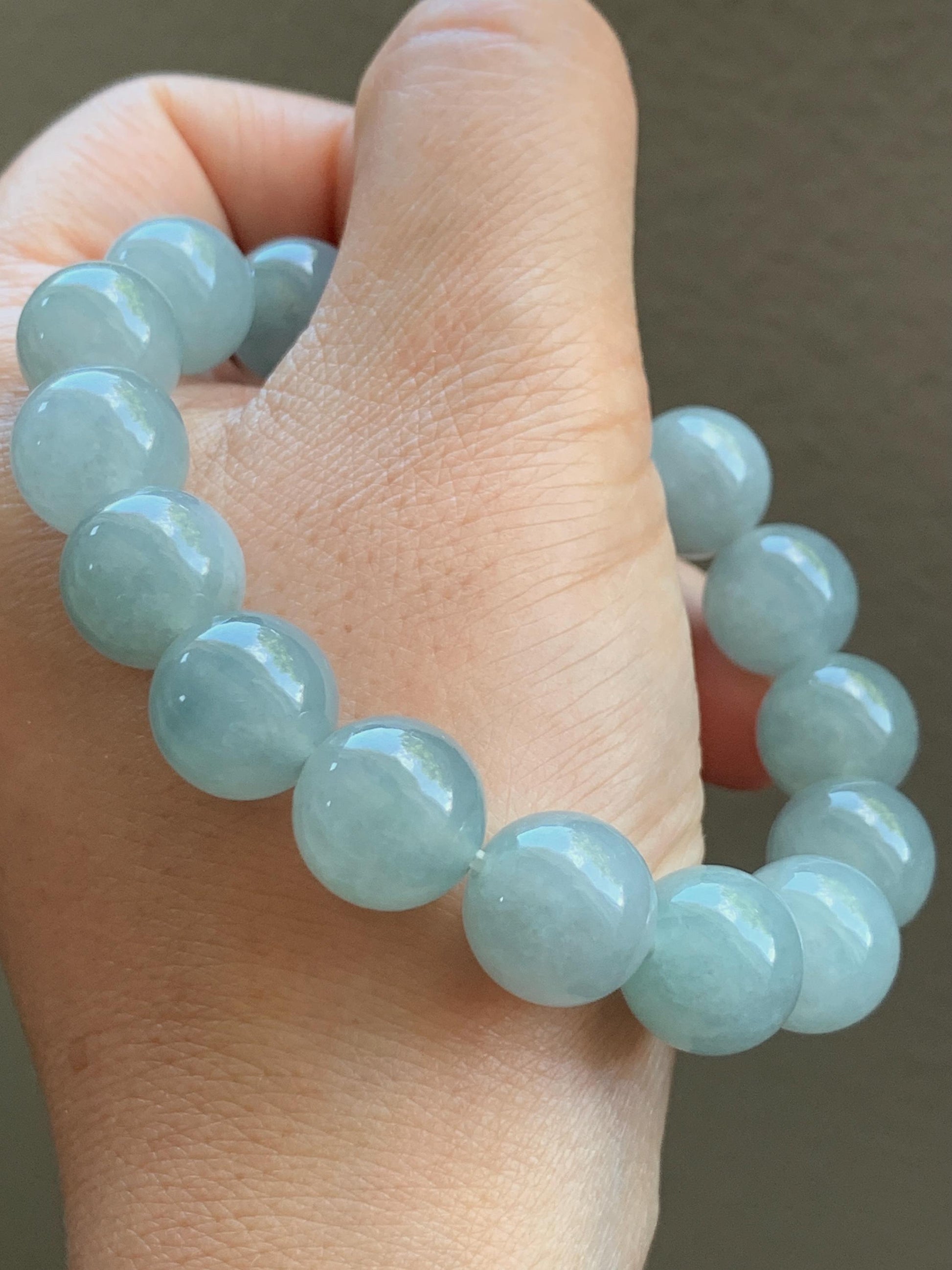 Large Natural Burmese Icy Translucent Gelatinous Dusty Blue Jadeite Beaded Bracelet Stretchy 12.5mm 7” 54g 天然缅甸冰淡蓝翡翠圆珠手串 DML66