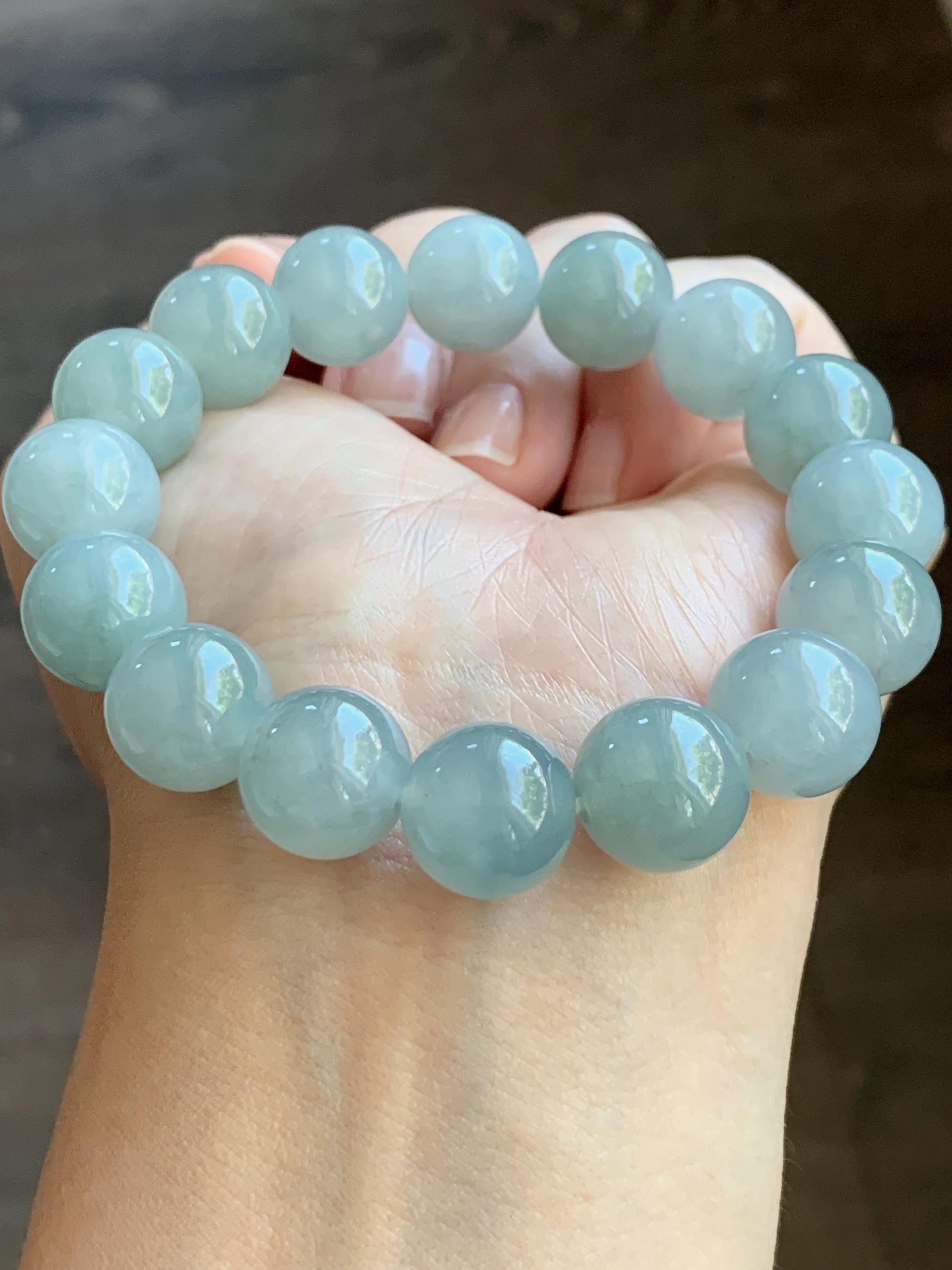 Large Natural Burmese Icy Translucent Gelatinous Dusty Blue Jadeite Beaded Bracelet Stretchy 12.5mm 7” 54g 天然缅甸冰淡蓝翡翠圆珠手串 DML66
