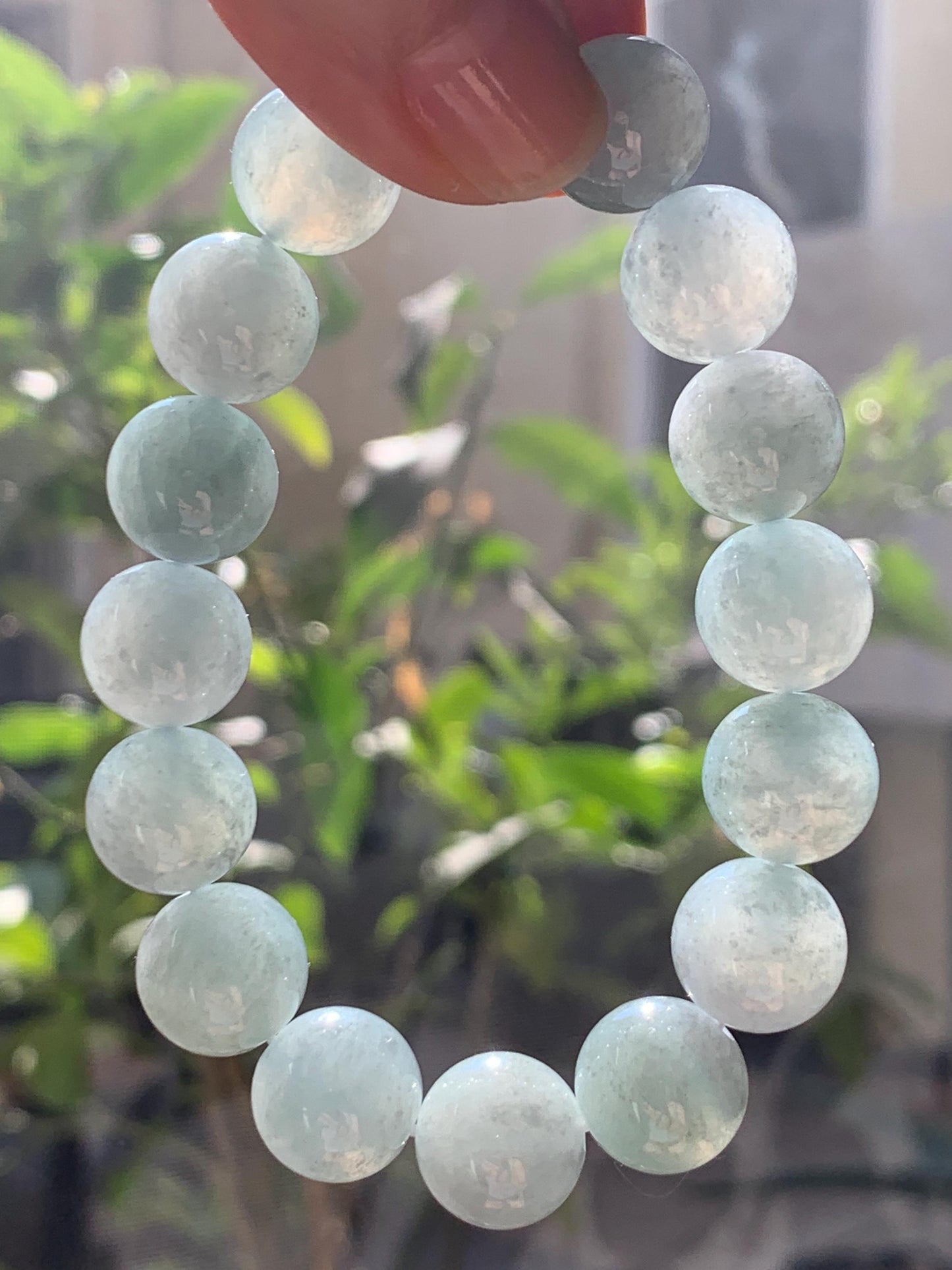 Large Natural Burmese Icy Translucent Gelatinous Dusty Blue Jadeite Beaded Bracelet Stretchy 12.5mm 7” 54g 天然缅甸冰淡蓝翡翠圆珠手串 DML66