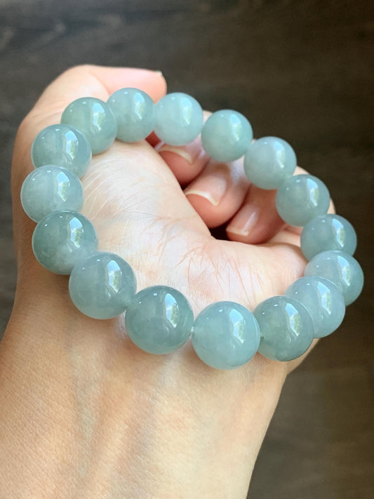 Large Natural Burmese Icy Translucent Gelatinous Dusty Blue Jadeite Beaded Bracelet Stretchy 12.5mm 7” 54g 天然缅甸冰淡蓝翡翠圆珠手串 DML66