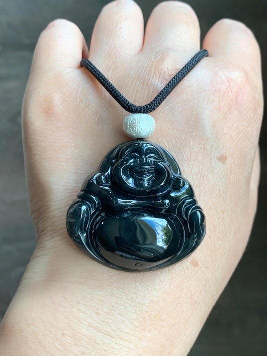 Natural Guatemalan Translucent Dark Wuji Jadeite Large Buddha Pendant Rope Necklace Sterling Silver Adjustable 33" 27g 天然冰危乌鸡翡翠大佛公吊坠