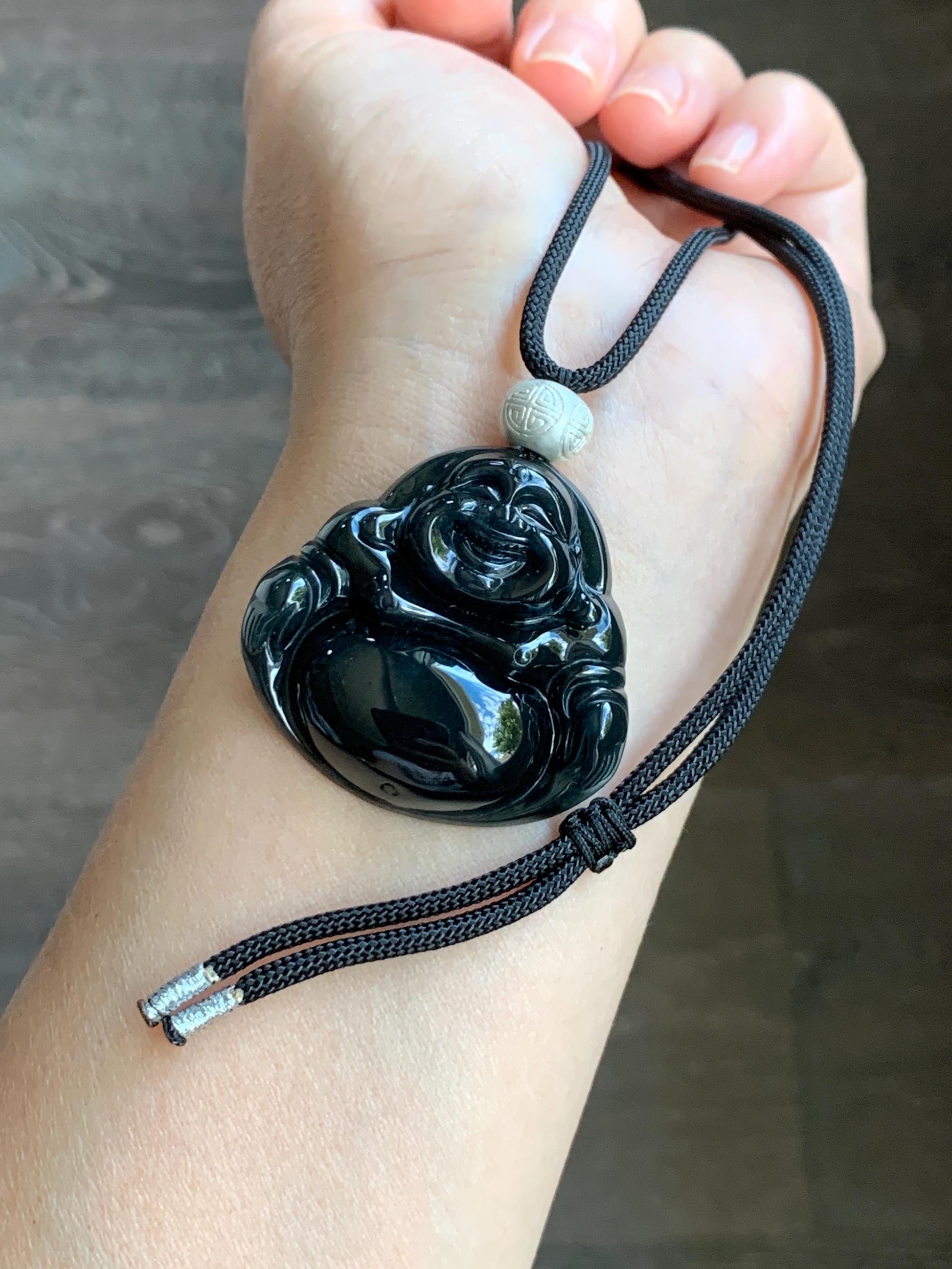 Natural Guatemalan Translucent Dark Wuji Jadeite Large Buddha Pendant Rope Necklace Sterling Silver Adjustable 33" 27g 天然冰危乌鸡翡翠大佛公吊坠