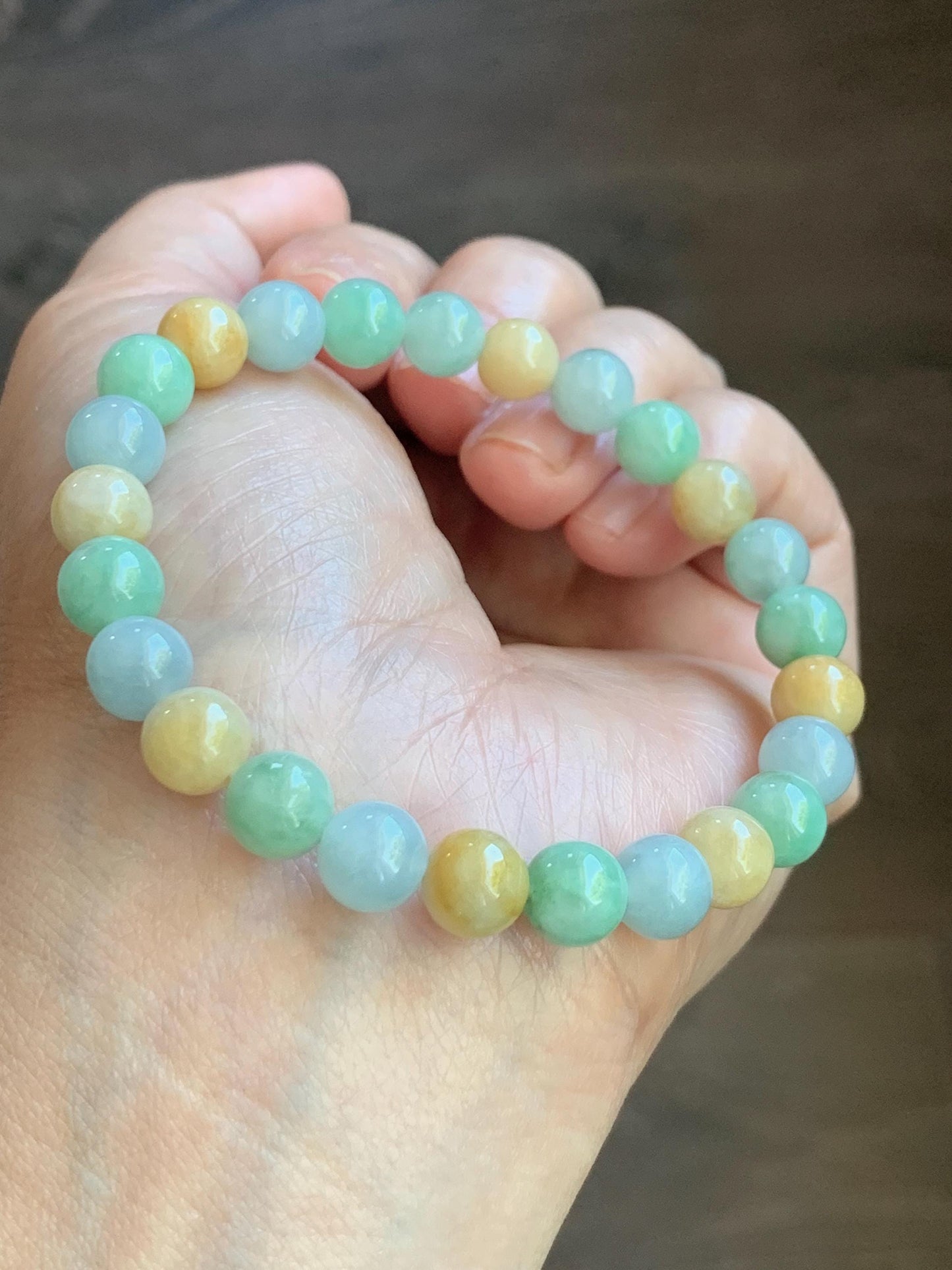 Certified Natural Burmese Icy Translucent Multicolored Jadeite Beaded Bracelet 7.7mm 7” 19.1g 天然缅甸糯种多宝色翡翠圆珠手串 6900