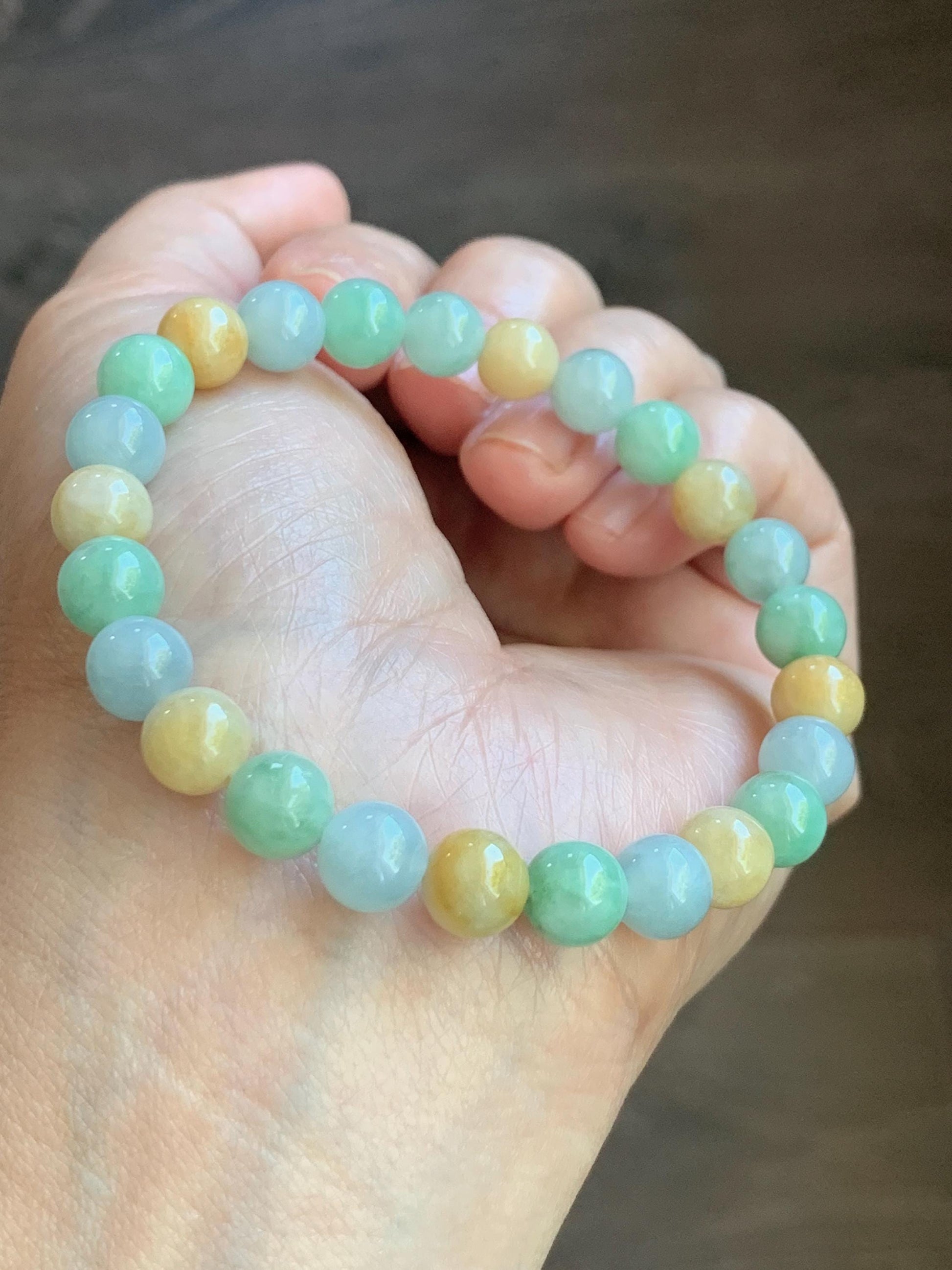 Certified Natural Burmese Icy Translucent Multicolored Jadeite Beaded Bracelet 7.7mm 7” 19.1g 天然缅甸糯种多宝色翡翠圆珠手串 6900