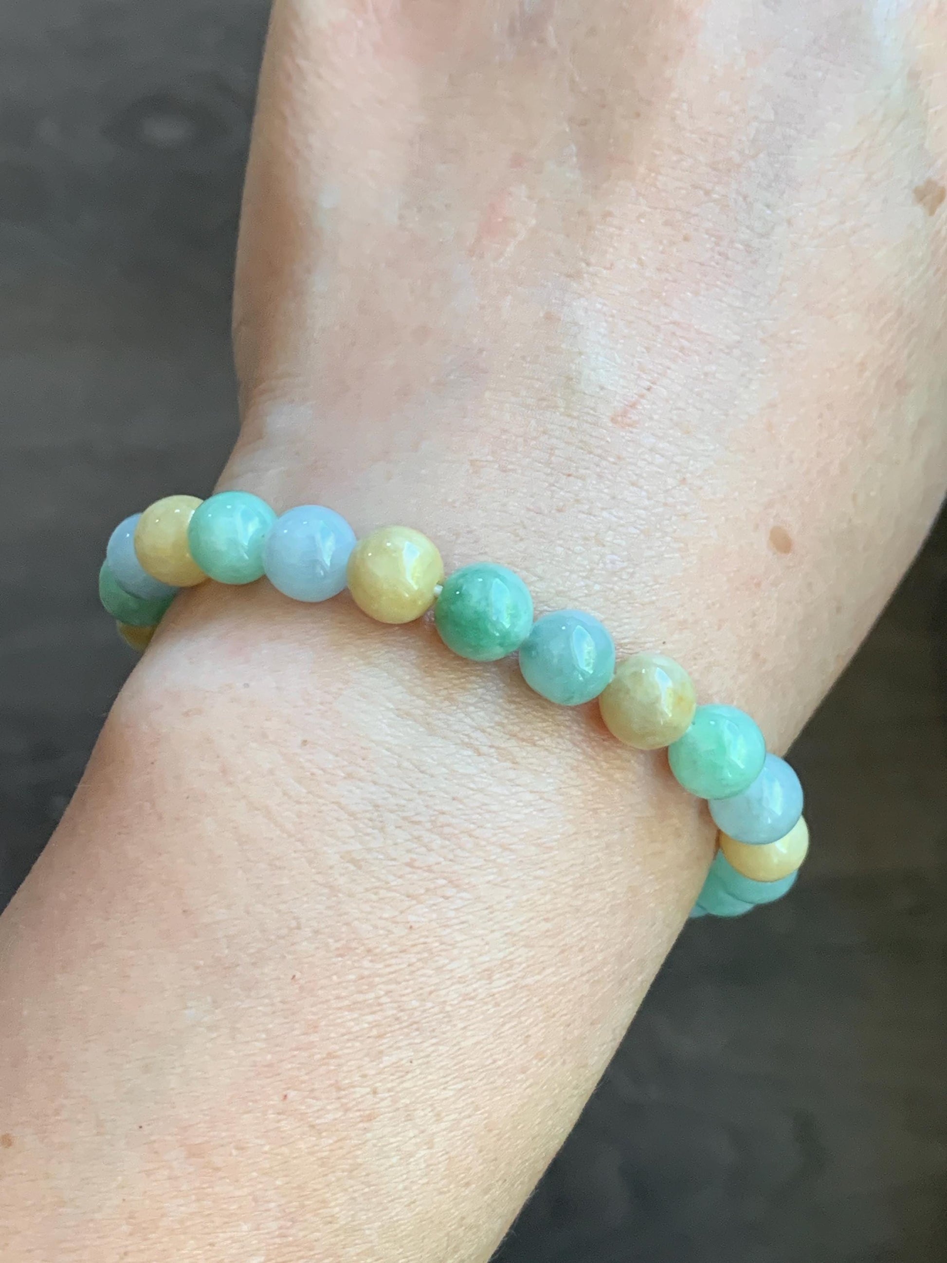 Certified Natural Burmese Icy Translucent Multicolored Jadeite Beaded Bracelet 7.7mm 7” 19.1g 天然缅甸糯种多宝色翡翠圆珠手串 6900