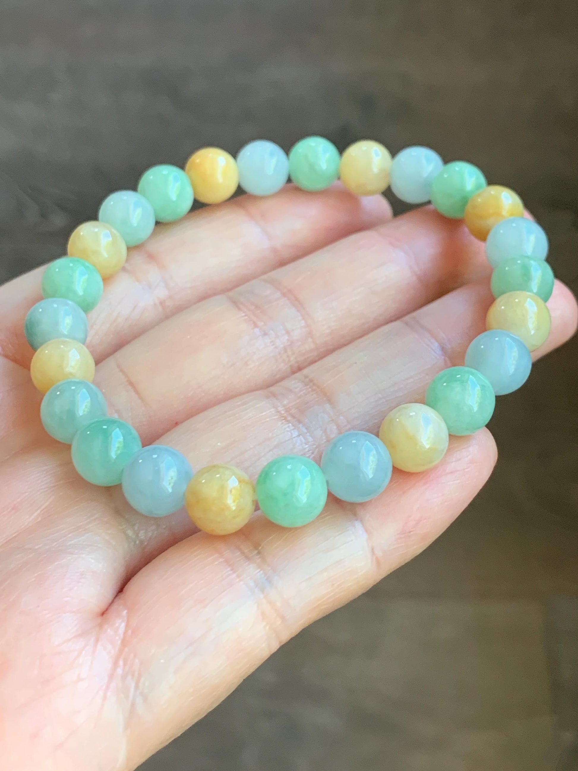 Certified Natural Burmese Icy Translucent Multicolored Jadeite Beaded Bracelet 7.7mm 7” 19.1g 天然缅甸糯种多宝色翡翠圆珠手串 6900
