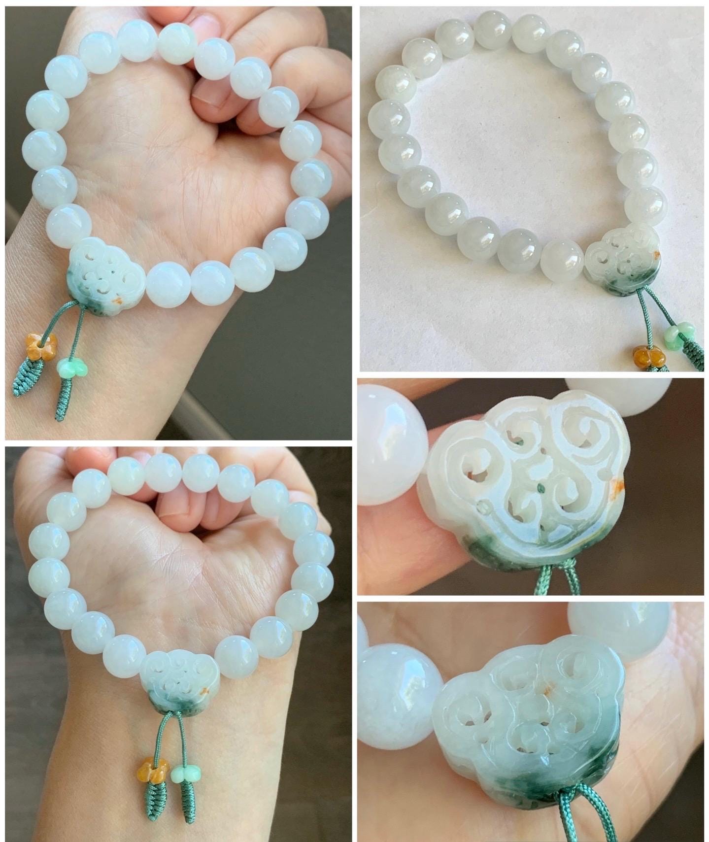 Natural Burmese Icy Translucent Gelatinous White Jadeite & Engraved Jadeite Ruyi Beaded Bracelet 10mm 7.25” 35g 天然缅甸白冰胶翡翠飘绿花镂空雕如意珠手串 DMB912