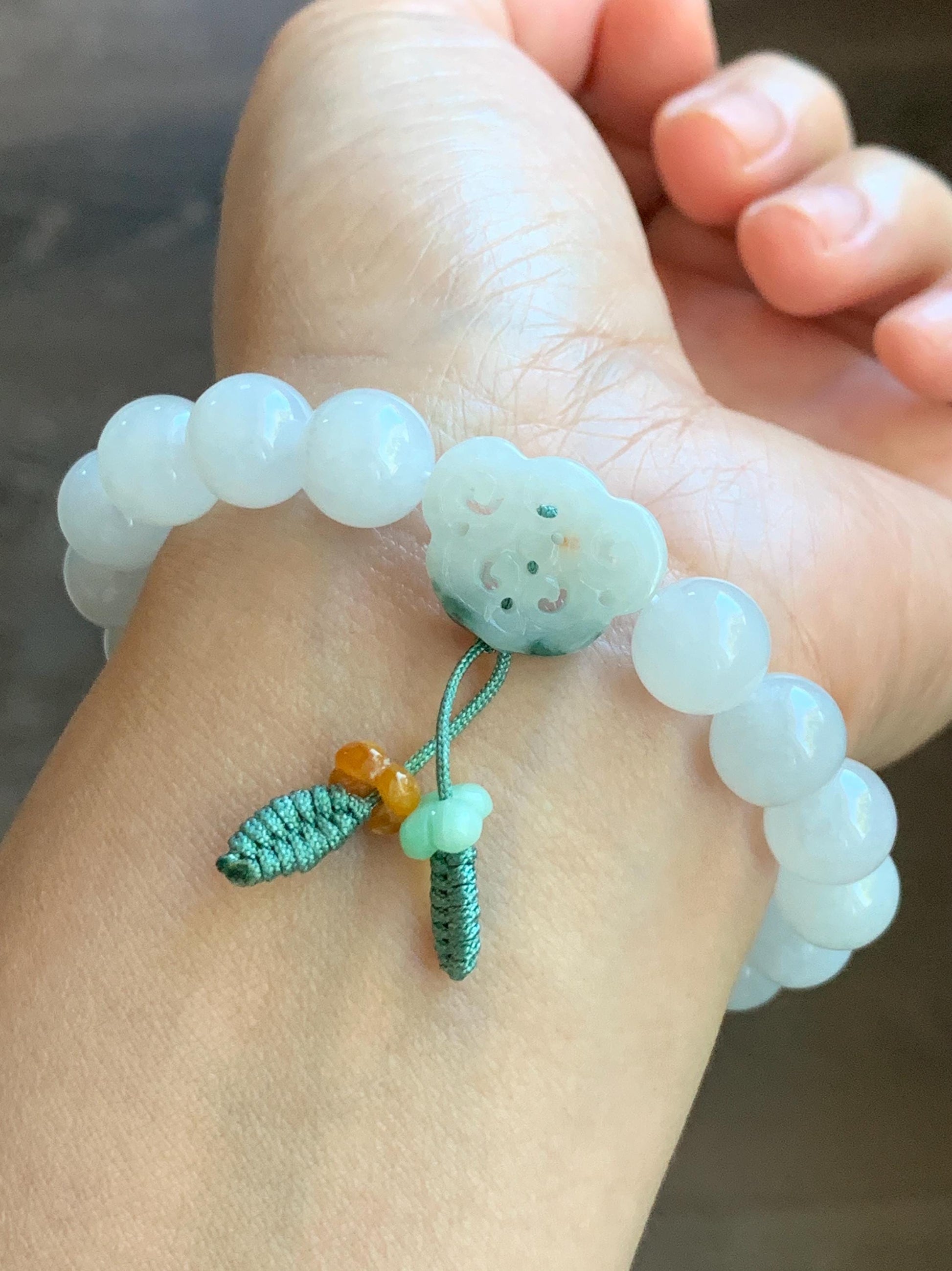 Natural Burmese Icy Translucent Gelatinous White Jadeite & Engraved Jadeite Ruyi Beaded Bracelet 10mm 7.25” 35g 天然缅甸白冰胶翡翠飘绿花镂空雕如意珠手串 DMB912