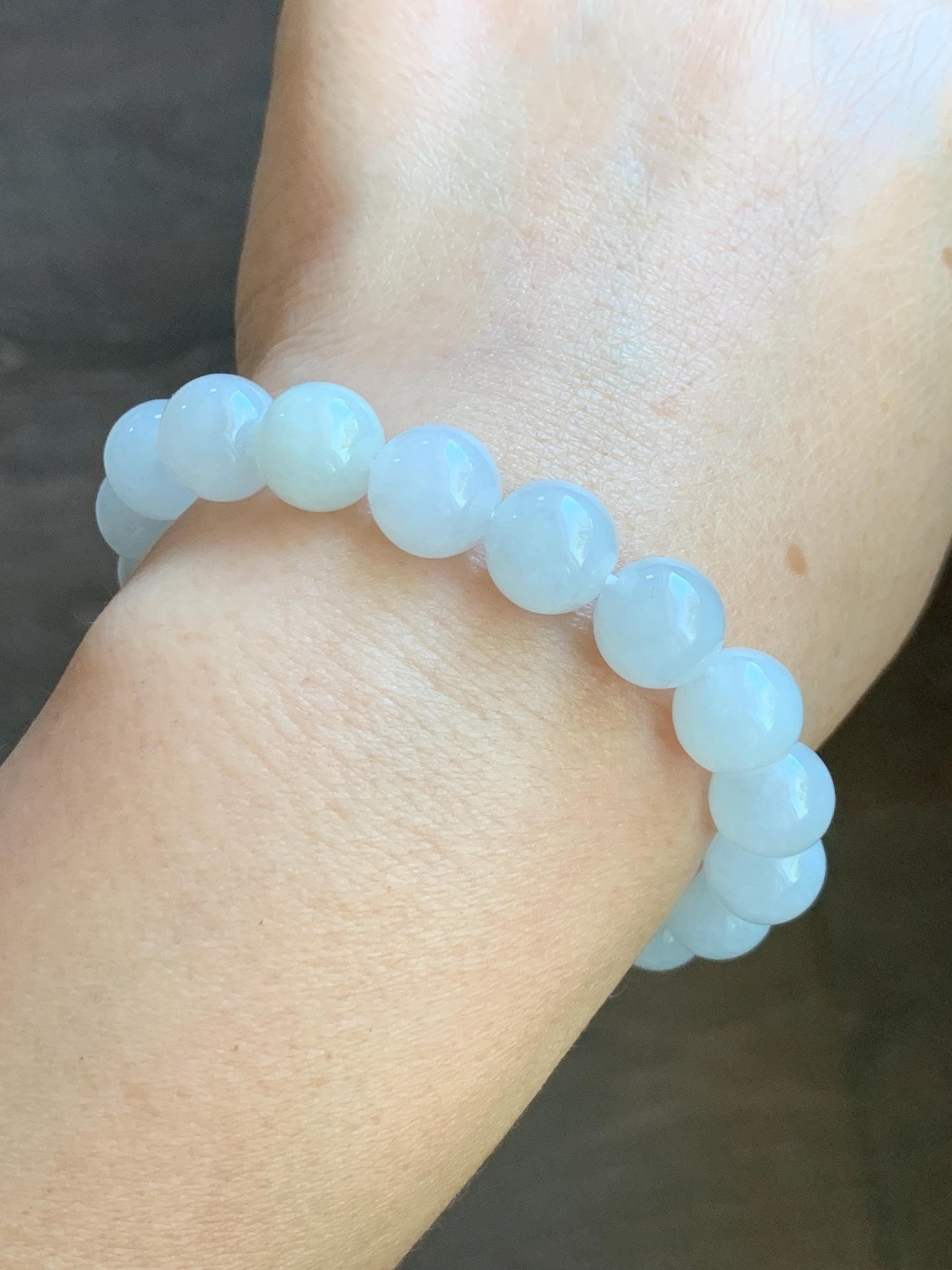 Natural Burmese Icy Translucent Gelatinous White Jadeite & Engraved Jadeite Ruyi Beaded Bracelet 10mm 7.25” 35g 天然缅甸白冰胶翡翠飘绿花镂空雕如意珠手串 DMB912