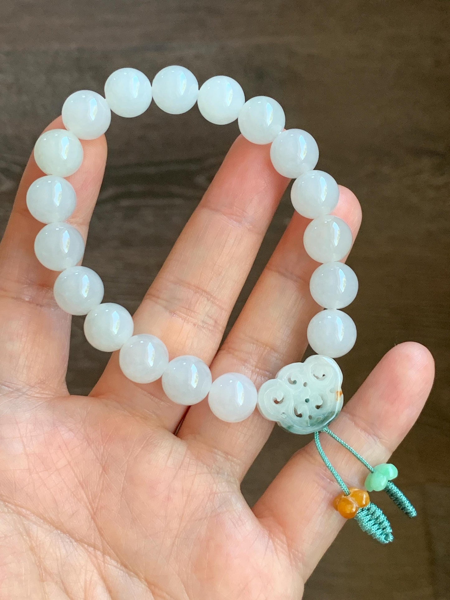 Natural Burmese Icy Translucent Gelatinous White Jadeite & Engraved Jadeite Ruyi Beaded Bracelet 10mm 7.25” 35g 天然缅甸白冰胶翡翠飘绿花镂空雕如意珠手串 DMB912