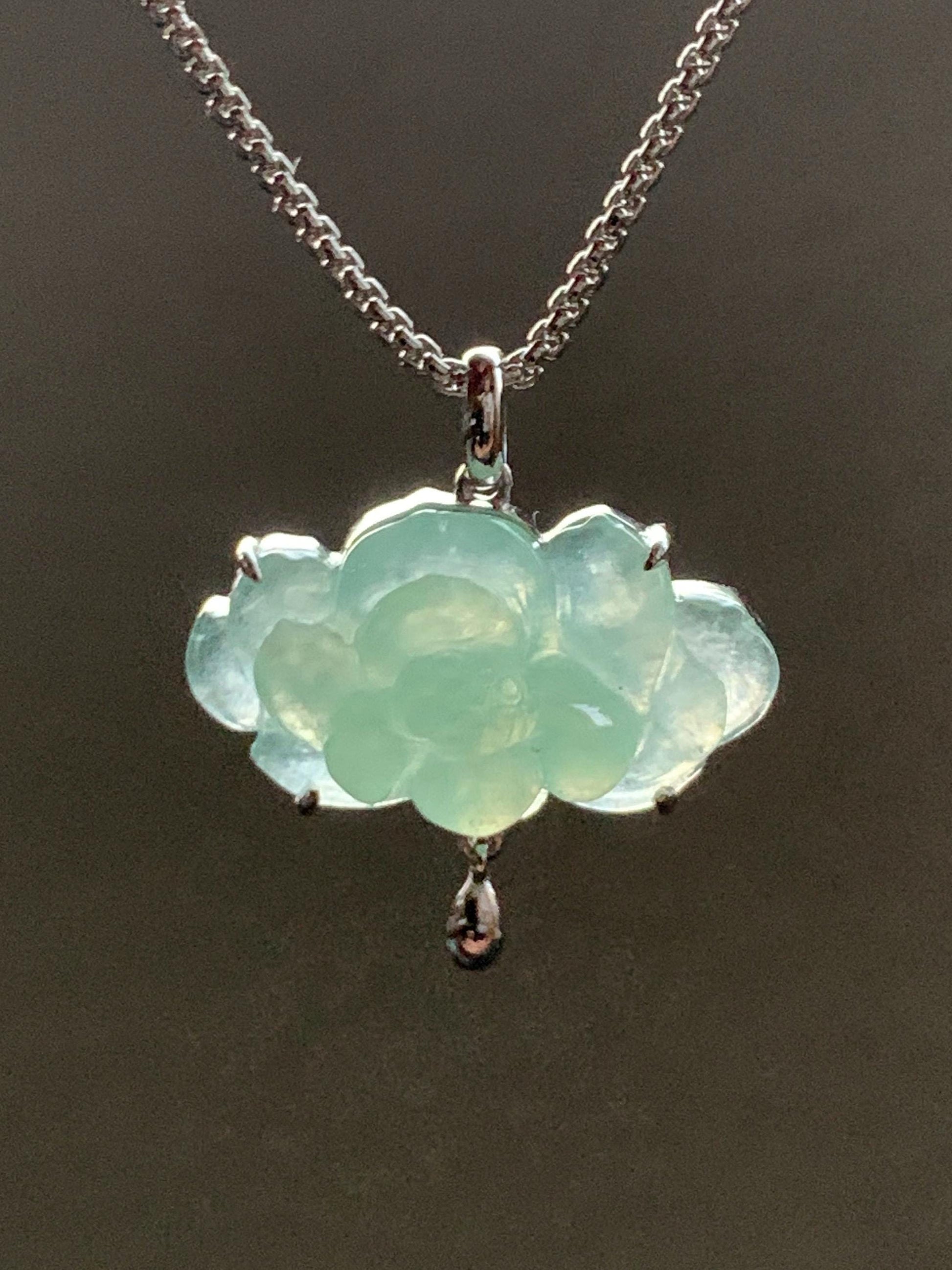 Certified Natural Burmese Icy Highly Translucent Apple Green Jadeite Carved Lotus Flower Pendant 18K White Gold 2.59g 天然缅甸起冰果绿翡翠荷花镶嵌吊坠 8613