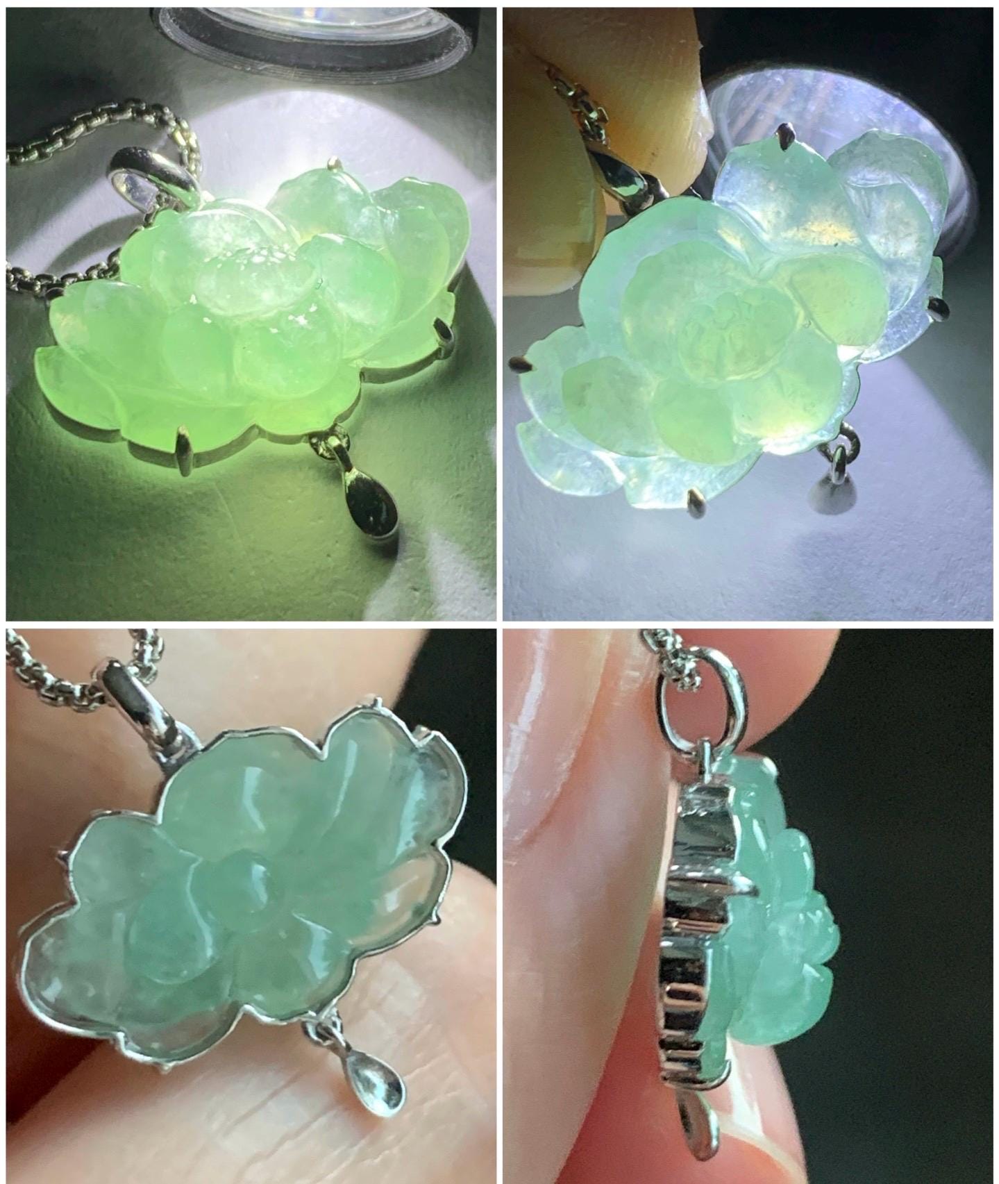 Certified Natural Burmese Icy Highly Translucent Apple Green Jadeite Carved Lotus Flower Pendant 18K White Gold 2.59g 天然缅甸起冰果绿翡翠荷花镶嵌吊坠 8613