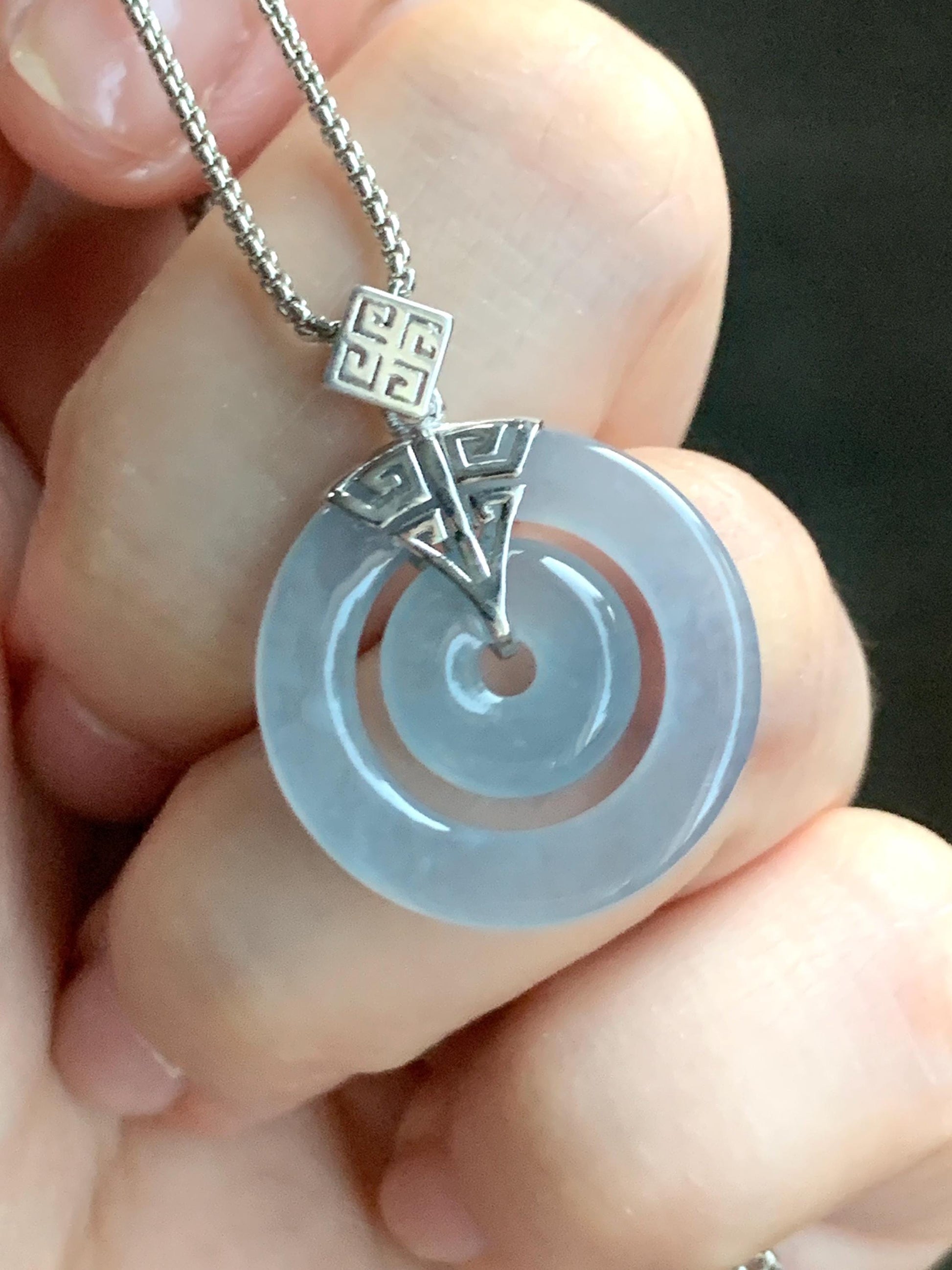 Certified Natural Guatemalan Icy Highly Translucent Light Blue Jadeite Mother-Child Ping An Kou Pendant Sterling Silver 天然冰危淡蓝翡翠子母扣吊坠 8636