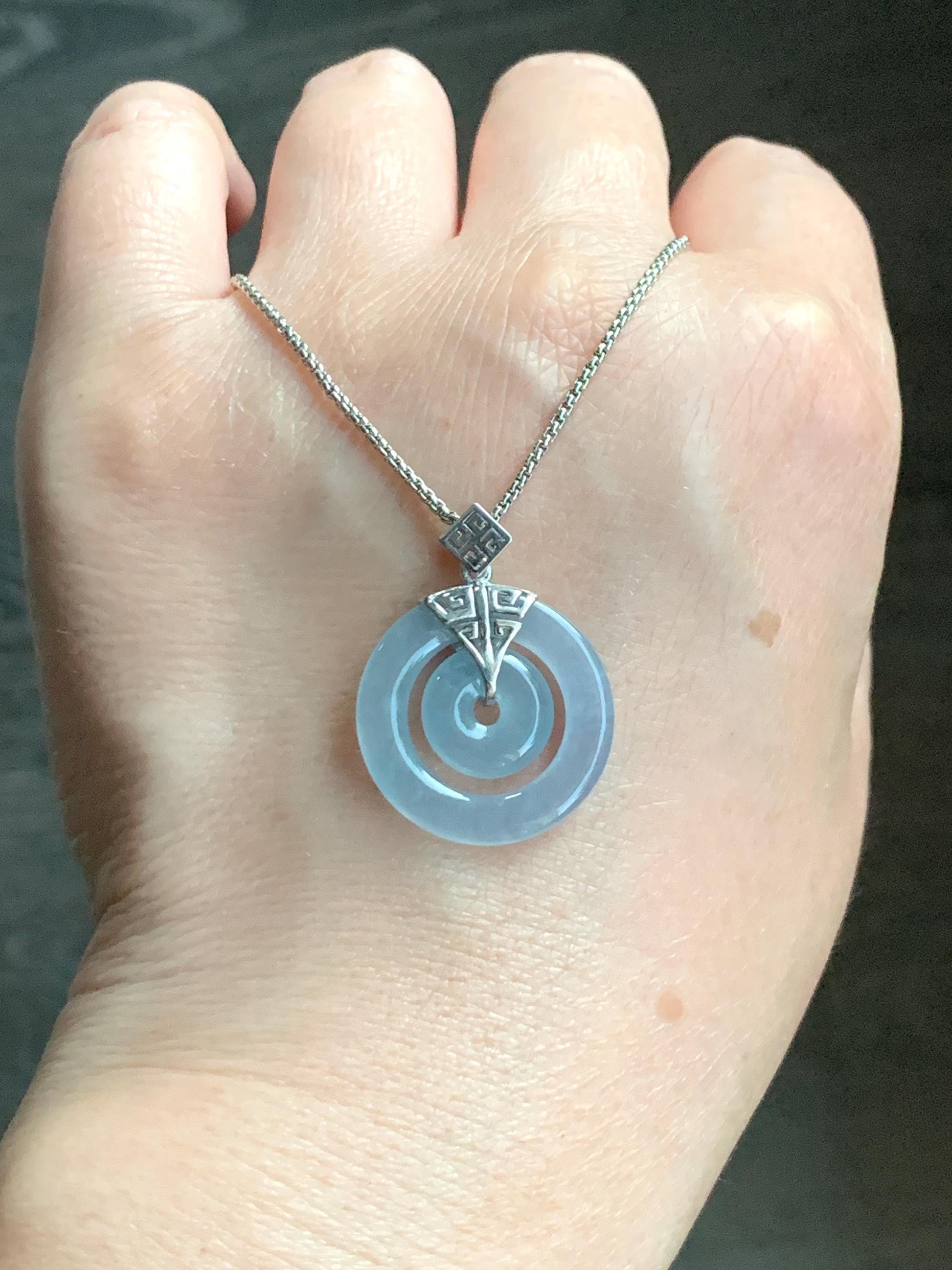 Certified Natural Guatemalan Icy Highly Translucent Light Blue Jadeite Mother-Child Ping An Kou Pendant Sterling Silver 天然冰危淡蓝翡翠子母扣吊坠 8636