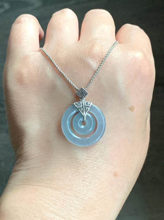 Certified Natural Guatemalan Icy Highly Translucent Light Blue Jadeite Mother-Child Ping An Kou Pendant Sterling Silver 天然冰危淡蓝翡翠子母扣吊坠 8636