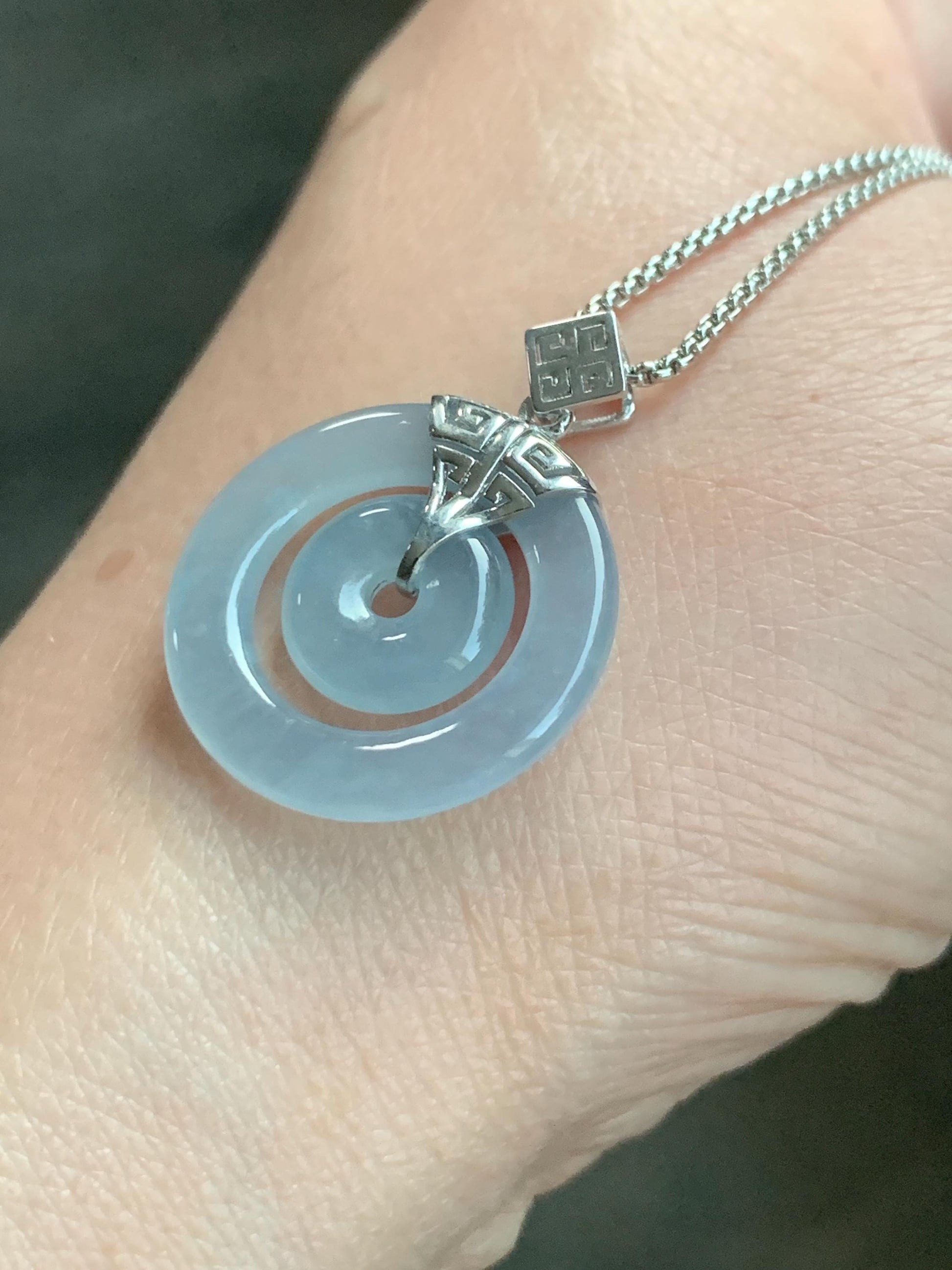 Certified Natural Guatemalan Icy Highly Translucent Light Blue Jadeite Mother-Child Ping An Kou Pendant Sterling Silver 天然冰危淡蓝翡翠子母扣吊坠 8636