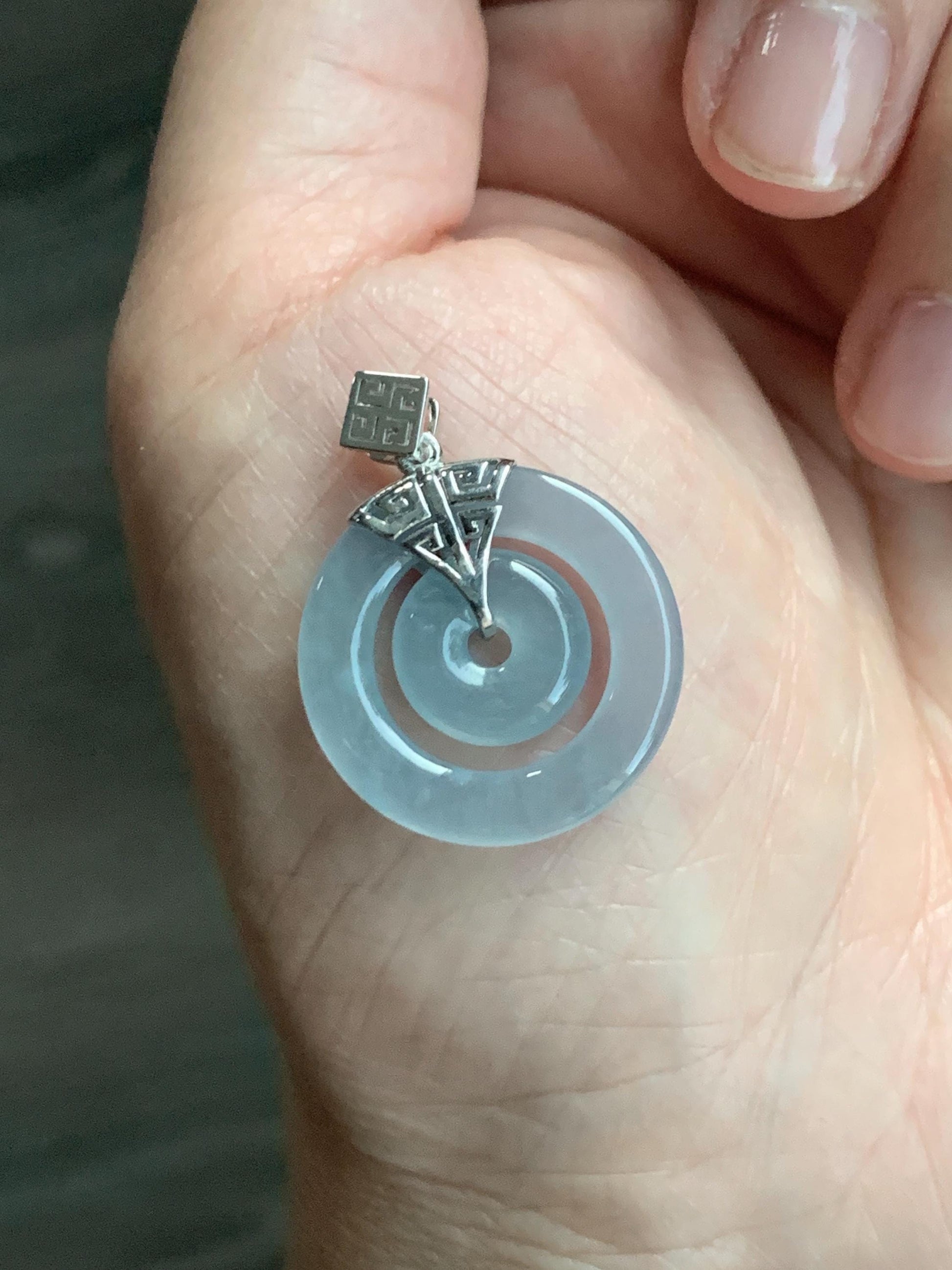 Certified Natural Guatemalan Icy Highly Translucent Light Blue Jadeite Mother-Child Ping An Kou Pendant Sterling Silver 天然冰危淡蓝翡翠子母扣吊坠 8636