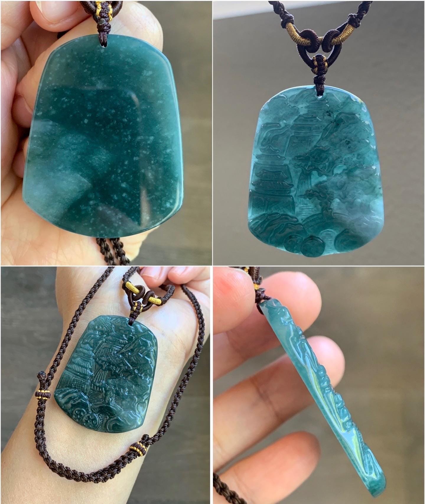 Natural Guatemalan Icy Translucent Dark Teal Blue Jadeite Carved Shan Shui Landscape Pendant Rope Necklace 26” 23g Adjustable 天然冰危深蓝翡翠山水牌吊坠