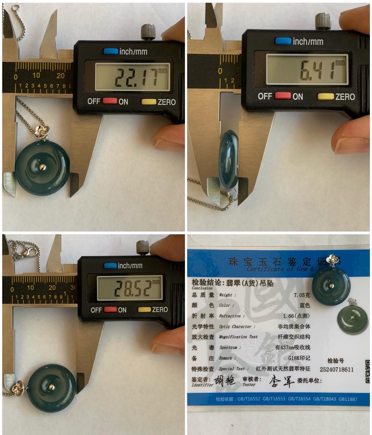 Certified Natural Guatemalan Icy Highly Translucent Dark Teal Blue Jadeite Ping An Kou Donut Pendant 18K White Gold 7.05g 天然冰危蓝平安扣镶嵌吊坠 8611