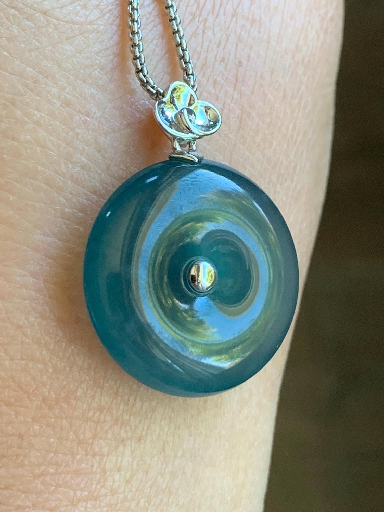 Certified Natural Guatemalan Icy Highly Translucent Dark Teal Blue Jadeite Ping An Kou Donut Pendant 18K White Gold 7.05g 天然冰危蓝平安扣镶嵌吊坠 8611