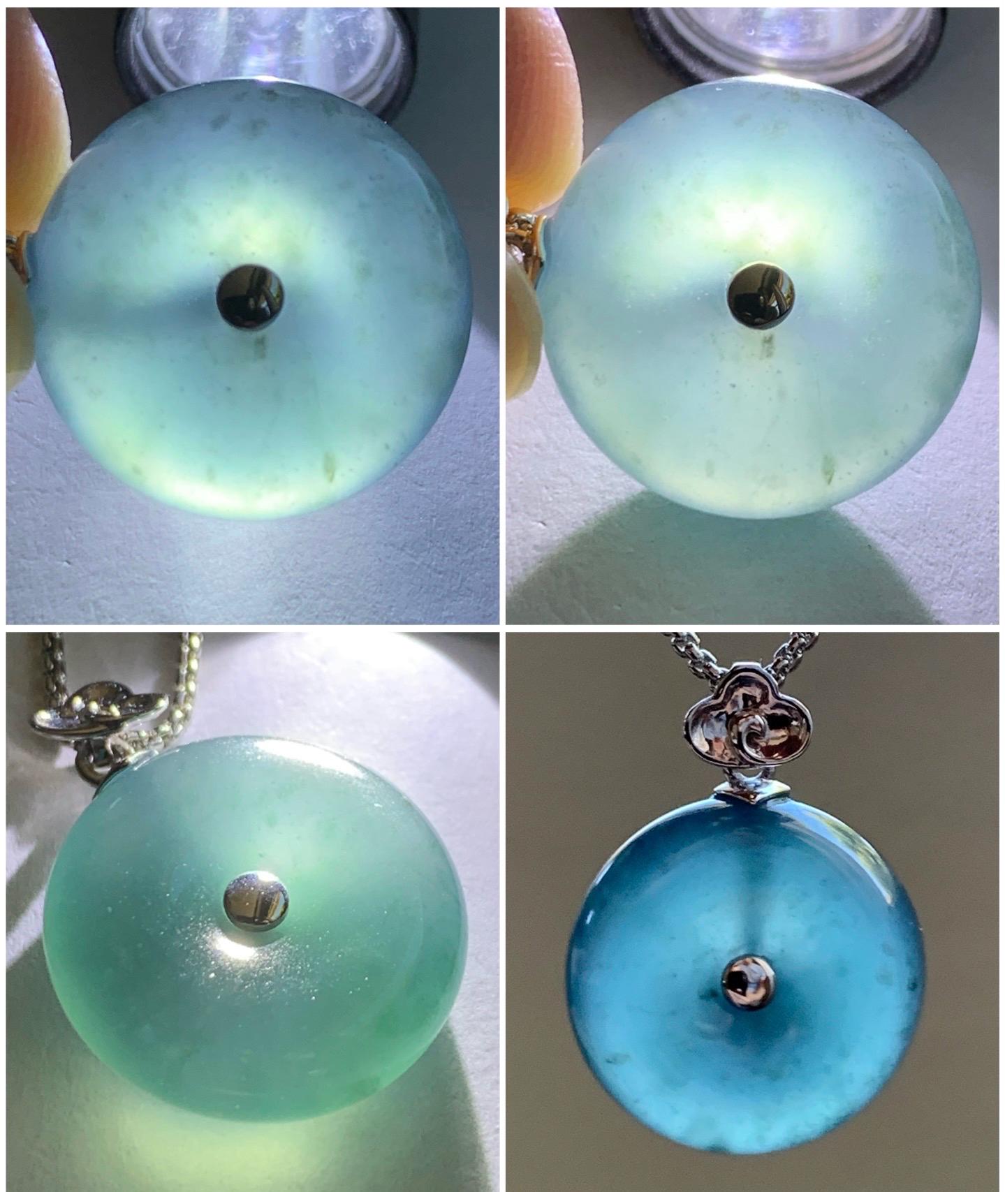 Certified Natural Guatemalan Icy Highly Translucent Dark Teal Blue Jadeite Ping An Kou Donut Pendant 18K White Gold 5.15g 天然冰危蓝平安扣镶嵌吊坠 8608