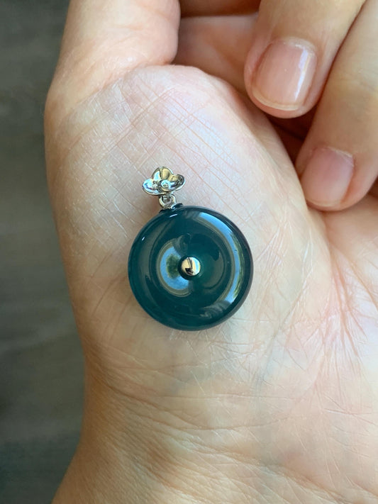Certified Natural Guatemalan Icy Highly Translucent Dark Teal Blue Jadeite Ping An Kou Donut Pendant 18K White Gold 5.15g 天然冰危蓝平安扣镶嵌吊坠 8608