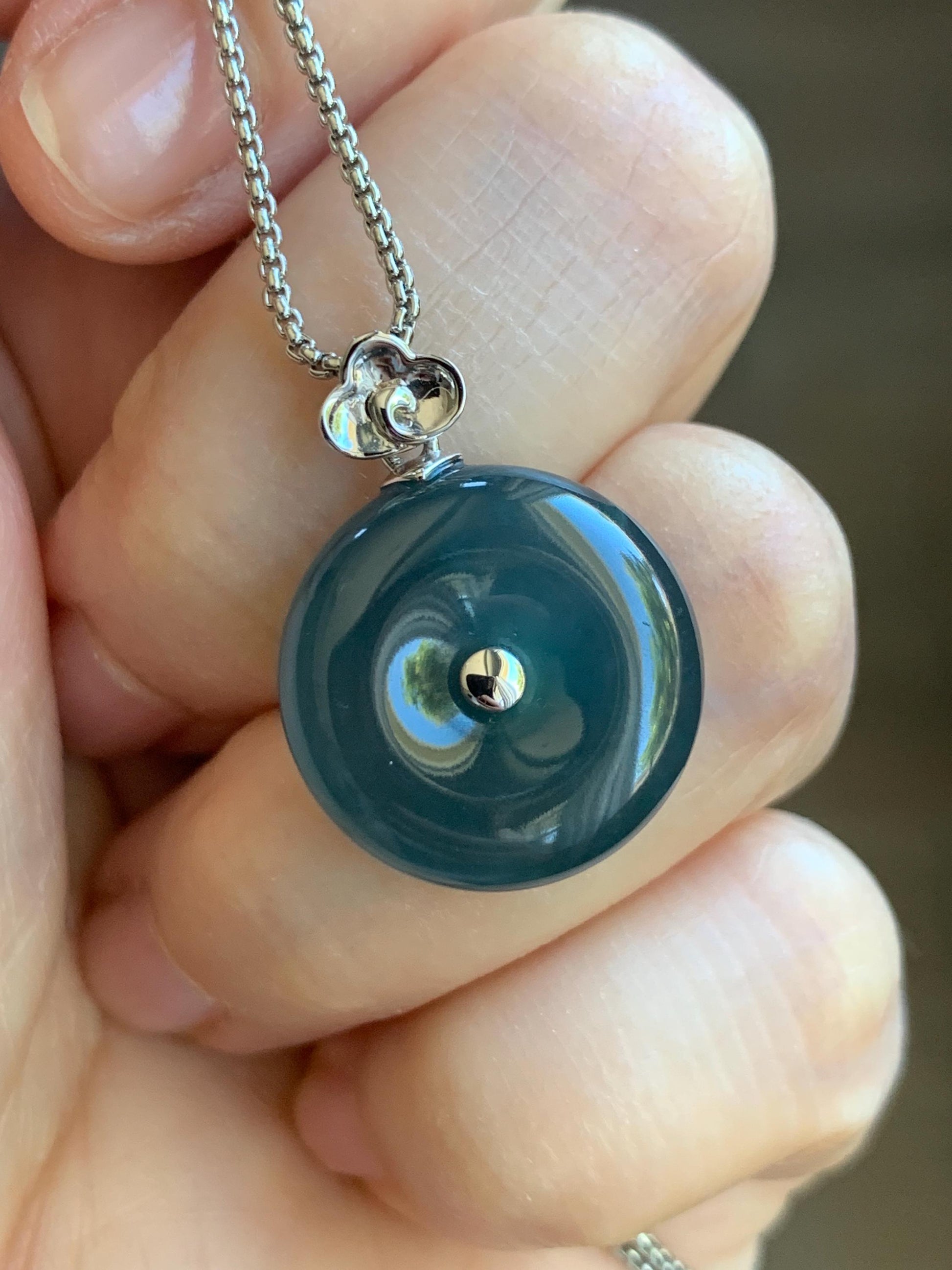 Certified Natural Guatemalan Icy Highly Translucent Dark Teal Blue Jadeite Ping An Kou Donut Pendant 18K White Gold 5.15g 天然冰危蓝平安扣镶嵌吊坠 8608
