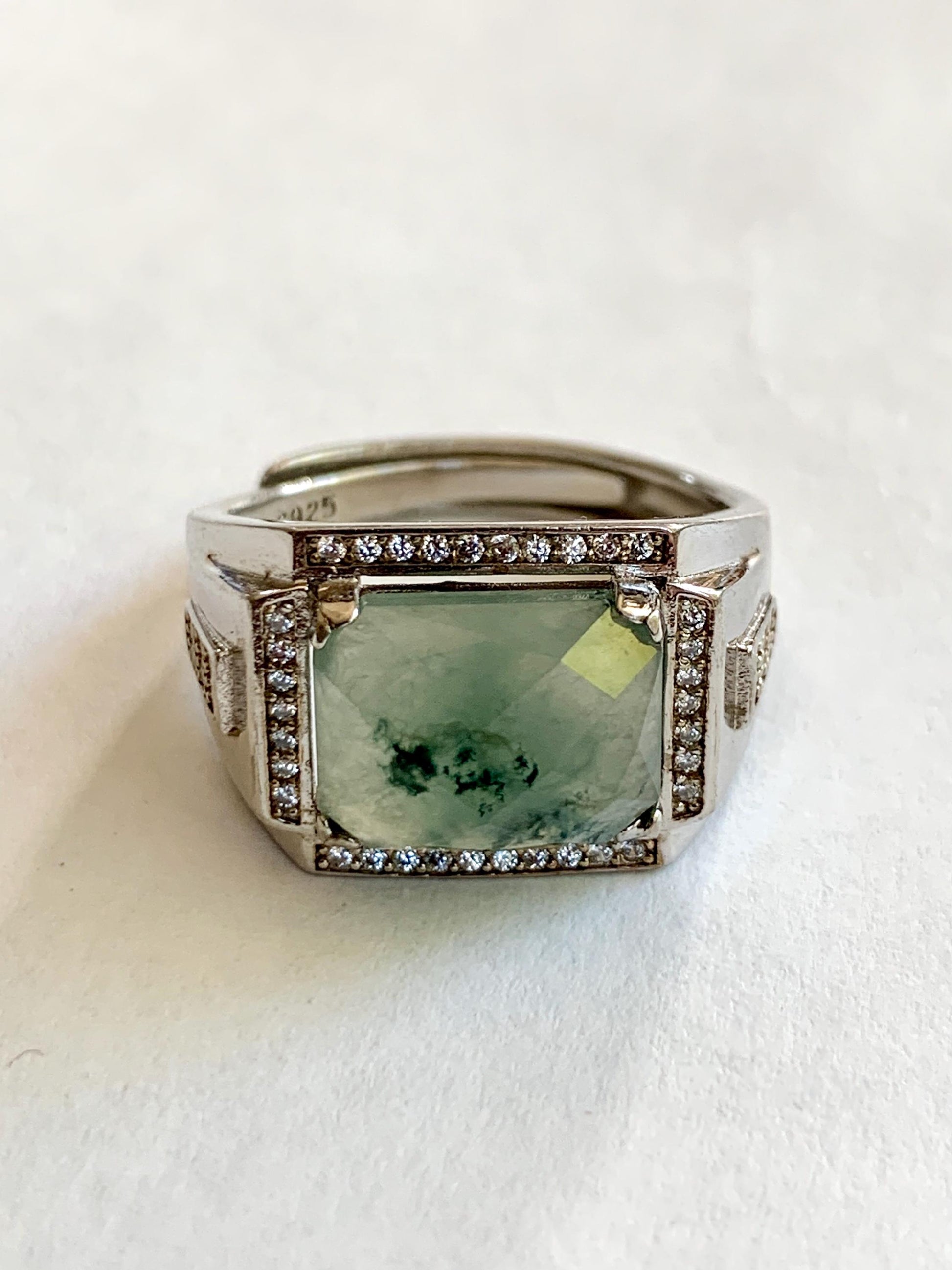 Natural Burmese Icy Translucent Gelatinous Faceted Dusty Green Faceted Jadeite Ring Sterling Silver Size 9 Adjustable 天然缅甸晴底飘花翡翠切割面银镶戒指 MQG