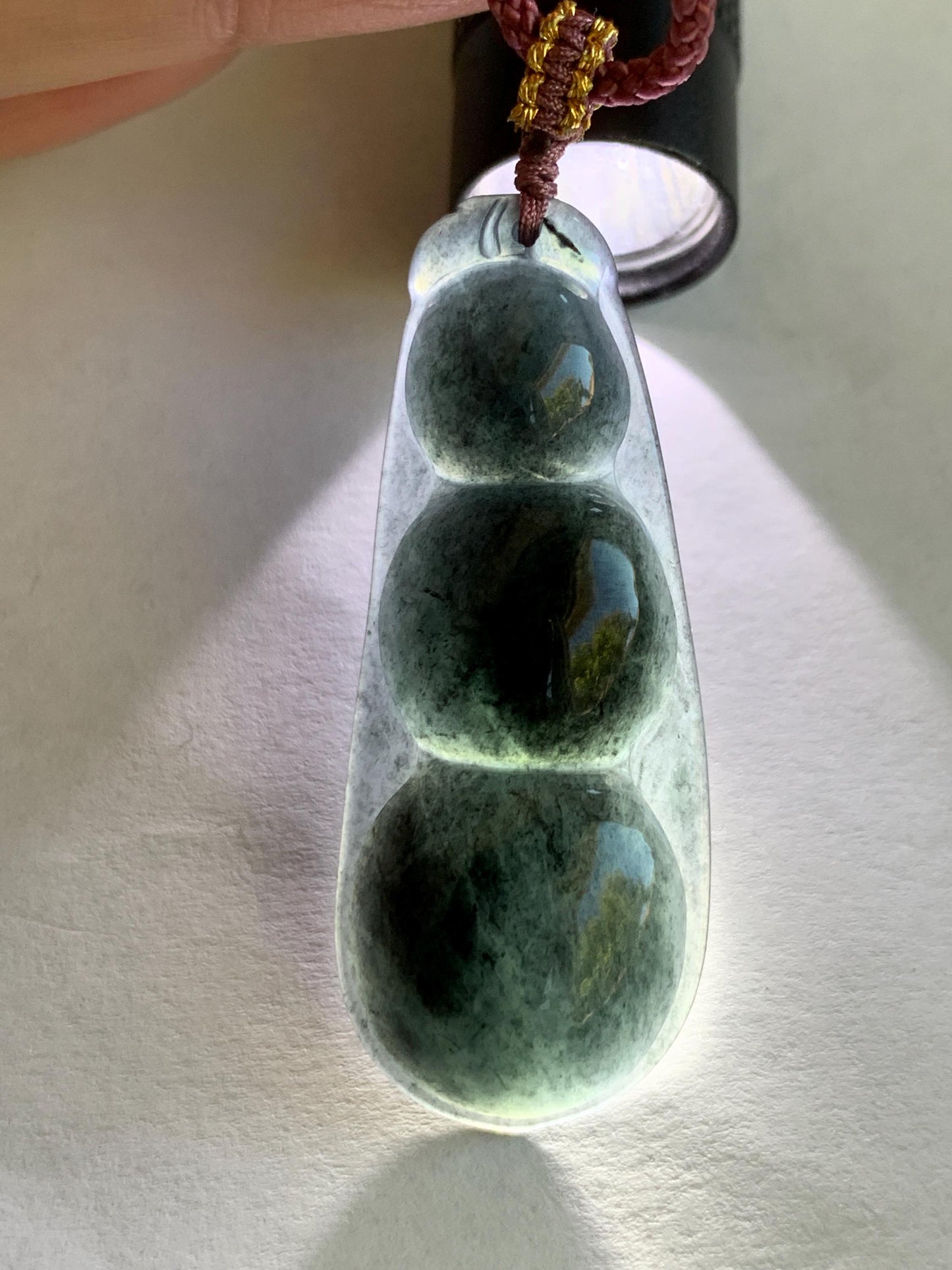 Natural Guatemalan Icy Translucent Dark Wuji Jadeite Large Peapod Pendant Rope Necklace 26” Adjustable 8g 天然冰危乌鸡翡翠福豆吊坠