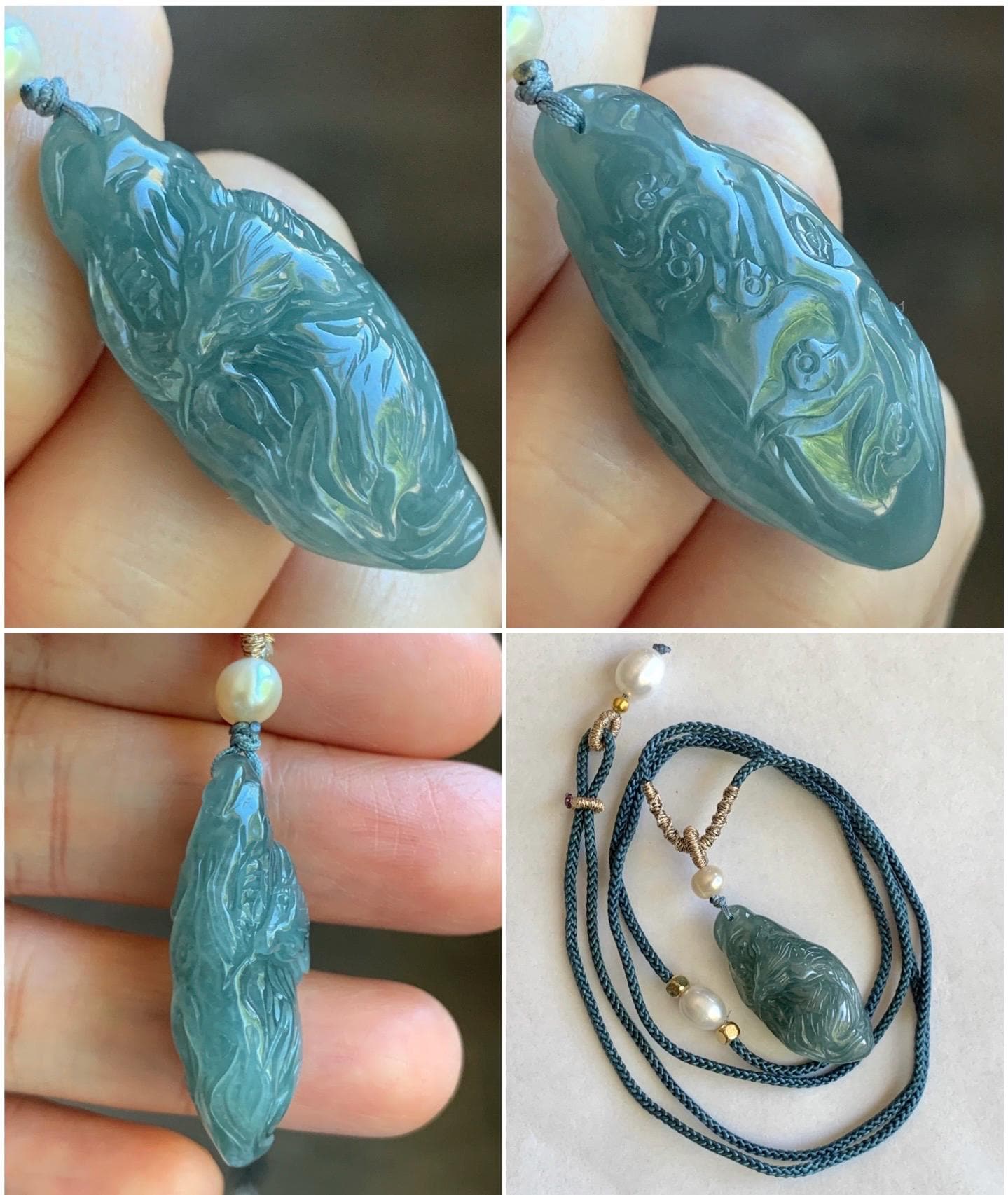 Natural Guatemalan Icy Translucent Teal Blue Jadeite Sleeping Fox Cherry Blossom Pendant Double Sided Rope Necklace 天然冰危蓝翡翠睡狐梅花枝双面雕吊坠 A