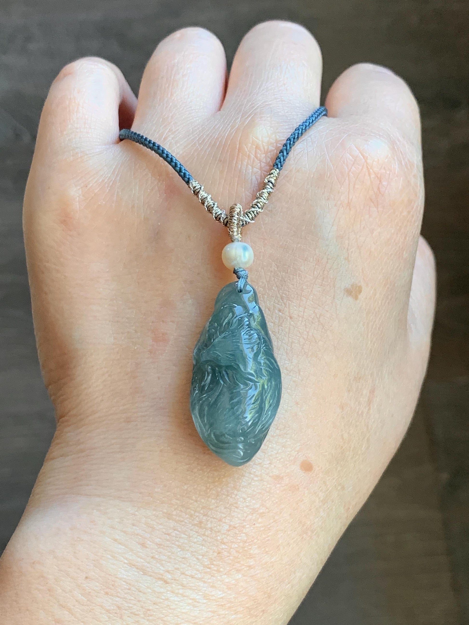 Natural Guatemalan Icy Translucent Teal Blue Jadeite Sleeping Fox Cherry Blossom Pendant Double Sided Rope Necklace 天然冰危蓝翡翠睡狐梅花枝双面雕吊坠 A