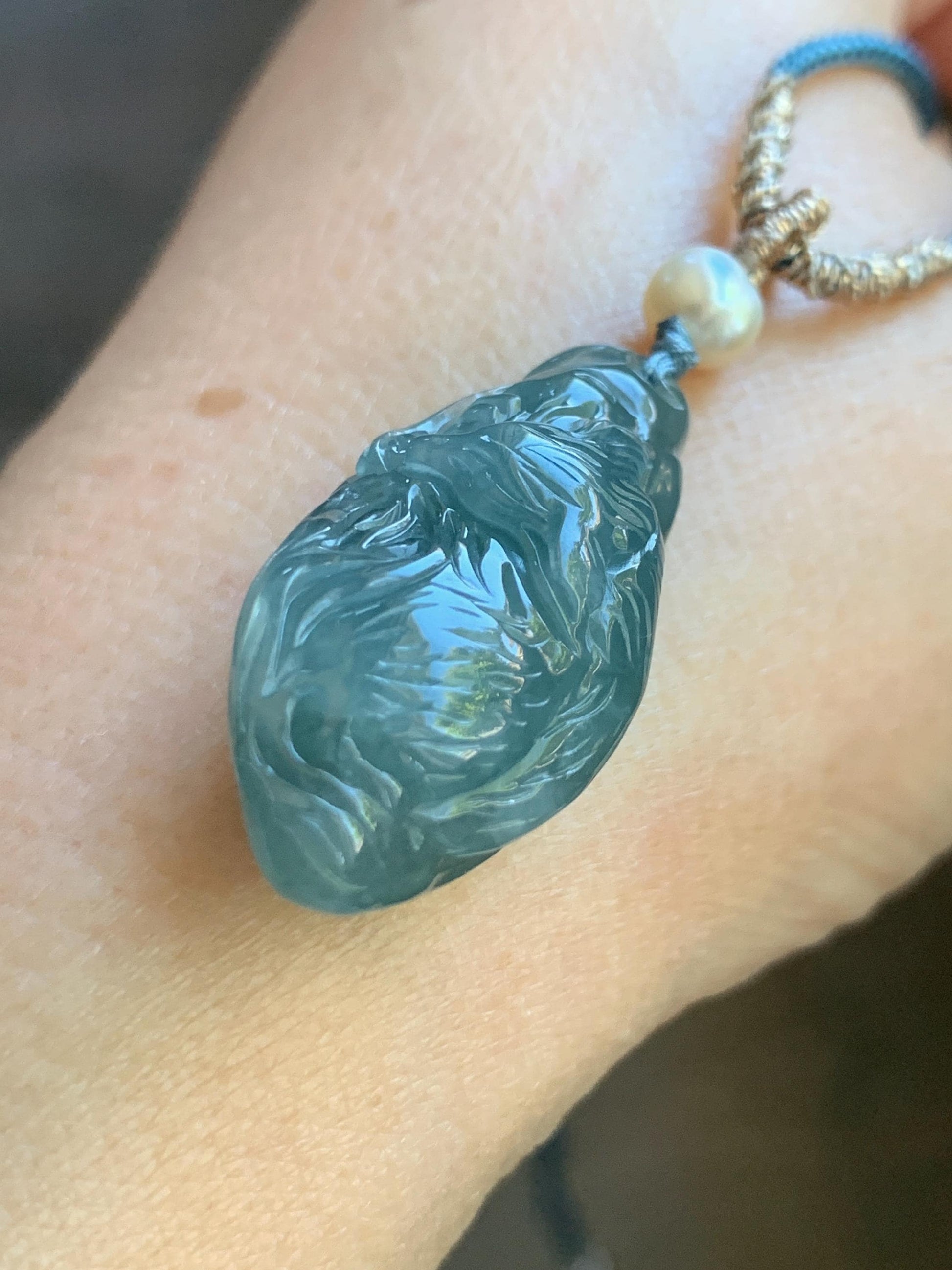 Natural Guatemalan Icy Translucent Teal Blue Jadeite Sleeping Fox Cherry Blossom Pendant Double Sided Rope Necklace 天然冰危蓝翡翠睡狐梅花枝双面雕吊坠 A