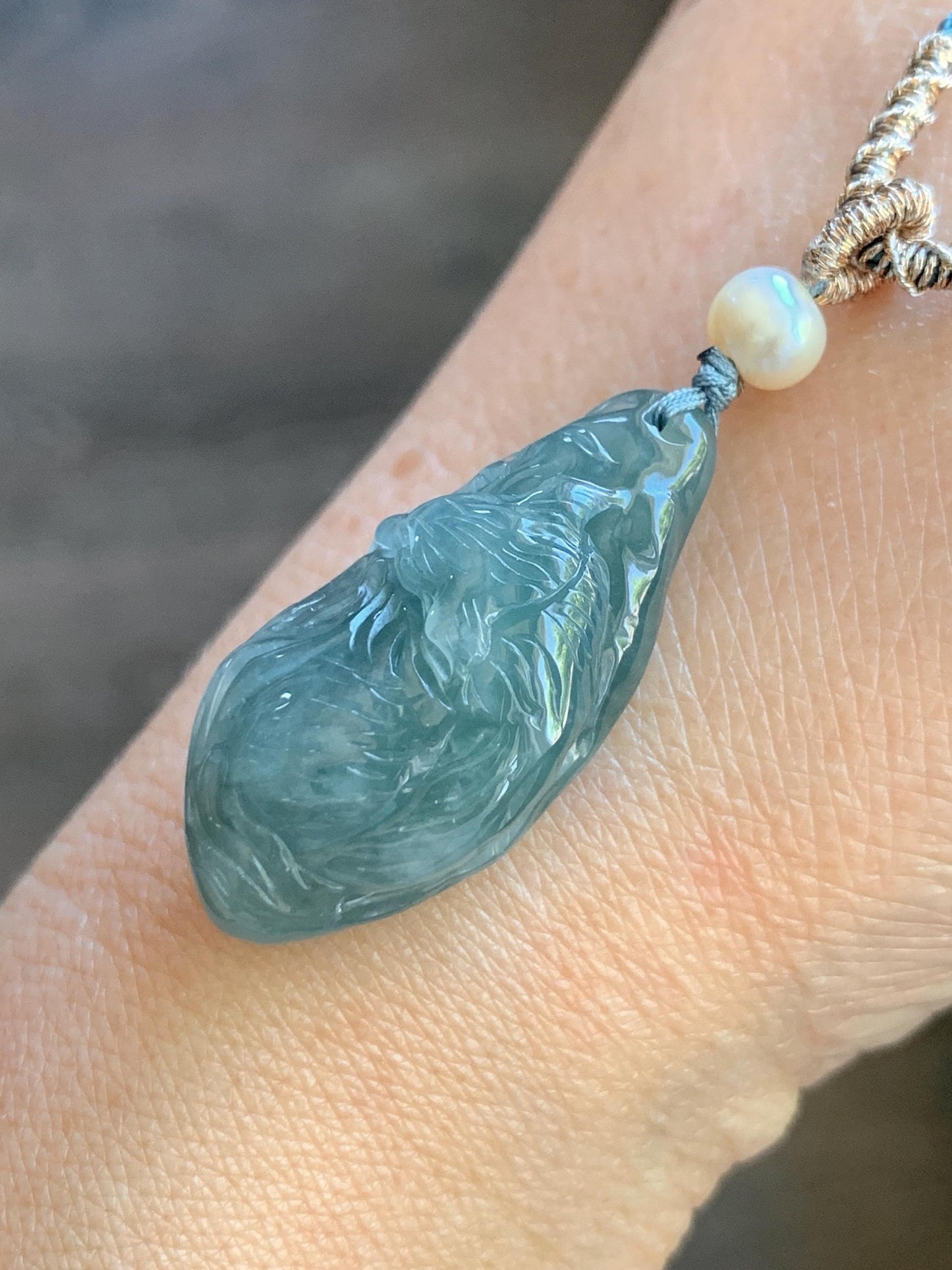 Natural Guatemalan Icy Translucent Teal Blue Jadeite Sleeping Fox Cherry Blossom Pendant Double Sided Rope Necklace 天然冰危蓝翡翠睡狐梅花枝双面雕吊坠 A